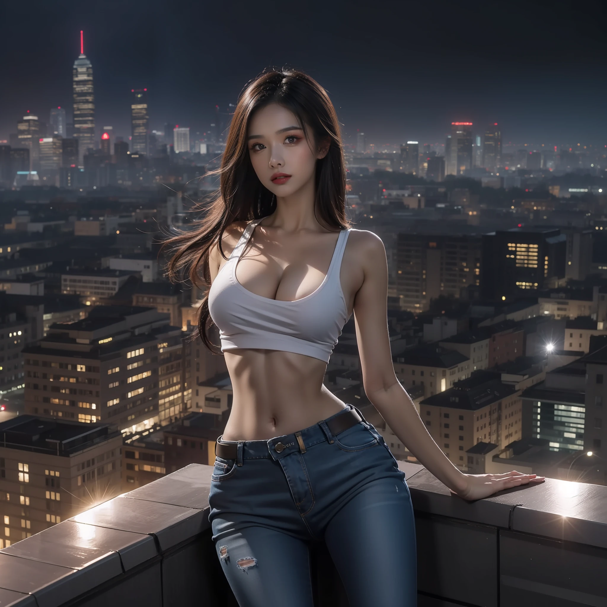 ((Midnight, Best quality, 8k, Masterpiece :1.3)), Whole body, Long legs, Sharp focus :1.2, A pretty woman with perfect figure :1.4, Slender abs :1.1, ((Dark brown hair, :1.2)), (White tight tshirt, Jean bib, Standing:1.2), ((Night city w, Rooftop:1.3)), Highly detailed face and skin texture, Detailed eyes, Double eyelid