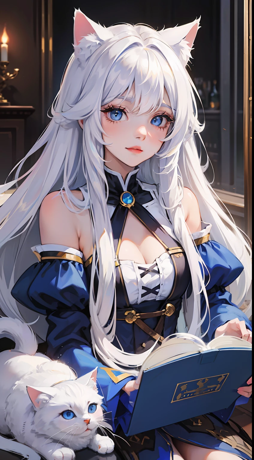 young girl, Long white hair, cat ears, cat tail, blue eyes, Blue luxurious tight dress, ssmile, Masterpiece, hiquality