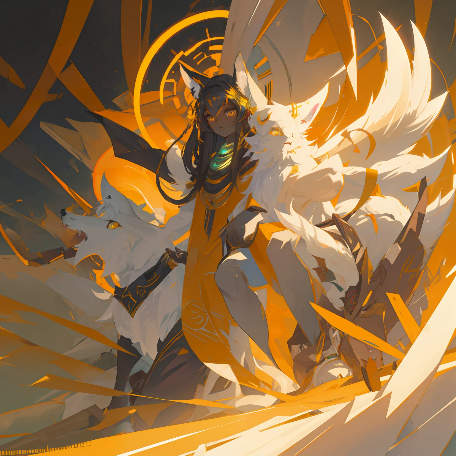 masterpiece, best quality, (black girl:1.3),(glowing-white-eyes:1.1) white long hair fading into black, golden runes on the body, fox features, kitsune , tan skin, caramel skin, a wolf companion