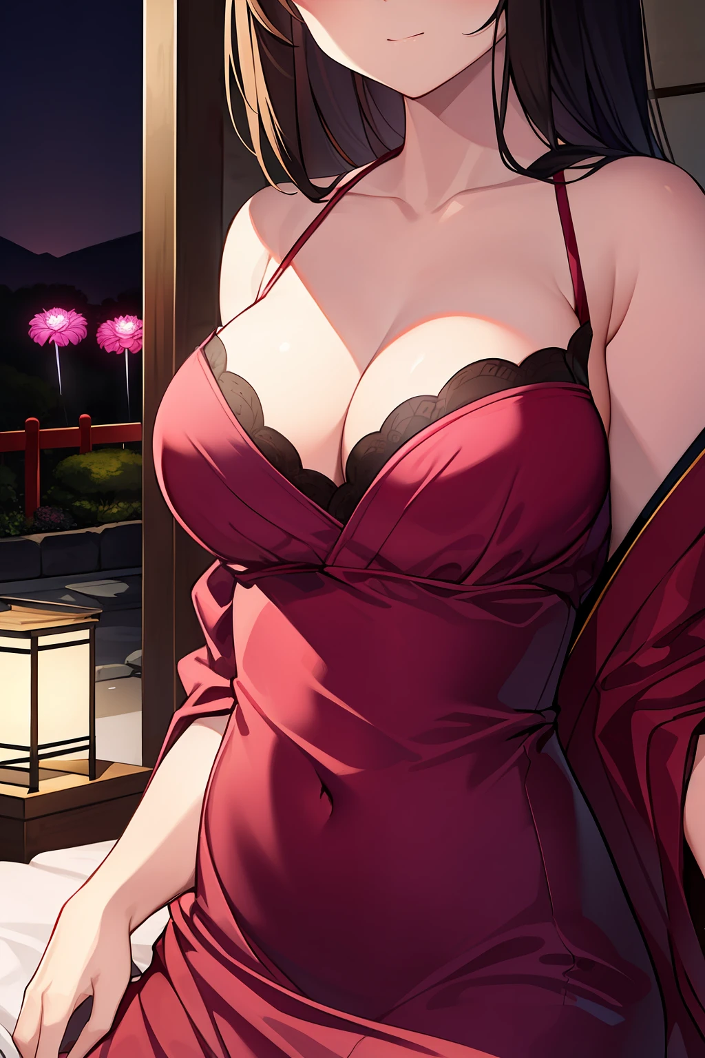 Pubic area is clear，4k wallpaper，HighestQuali，Portrait Photogram，1 teenage girl，Burgundy silk nightdress（Peony flower pattern），Reallightandshadow，warmly lit，Japanese-style bedroom，Red silk sheets，Japanese-style garden architecture，nighttime scene，fire works，upperbody closeup