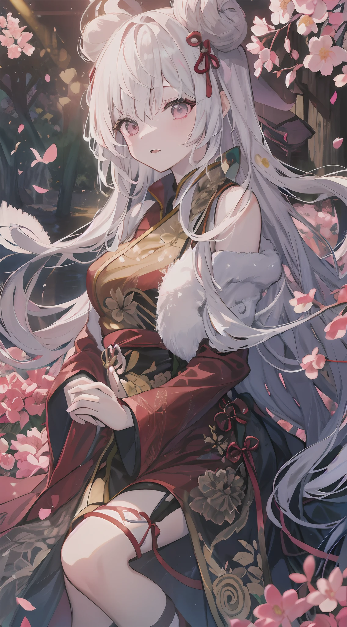 top-quality, Ink painting style, Fresh and elegant, Clear lake, The cherry blossoms set as the sun sets，White color hair, Black cheongsam gold pattern girl, Ride the flower wind to blow your head, A forest dotted with green leaves, Birds sing happily, A poetic scene