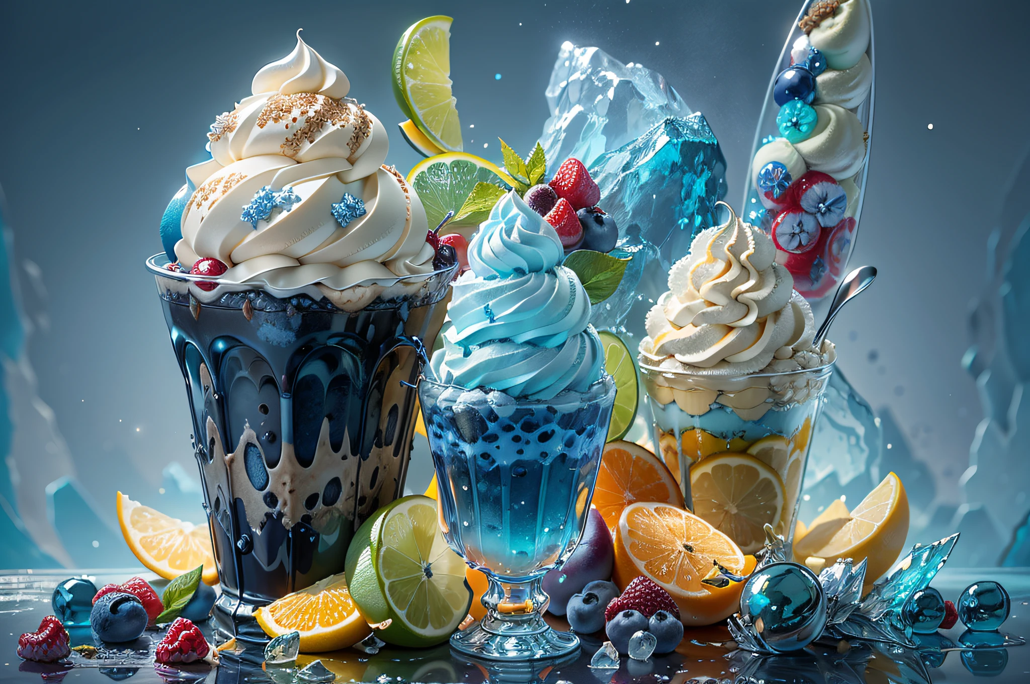 (Masterpiece), (intriciate detail), (Photorealistic:1.3), no human, (Ice cream in crystal glasses), universe, blue theme, Black background, Ice pile, A variety of fruit slices, Cinematic light, simple background layout,