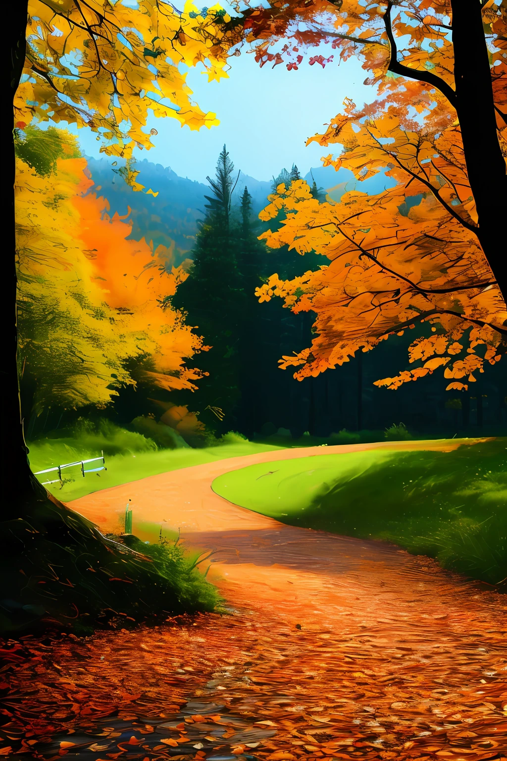 masterpiece, best quality, high quality, extremely detailed CG unity 8k wallpaper,landscape with texture ,A place with lots of leaves on the ground and autumn colors,award winning photography, Bokeh, Depth of Field, HDR, bloom, Chromatic Aberration ,Photorealistic,extremely detailed, trending on artstation, trending on CGsociety, Intricate, High Detail, dramatic, art by midjourney