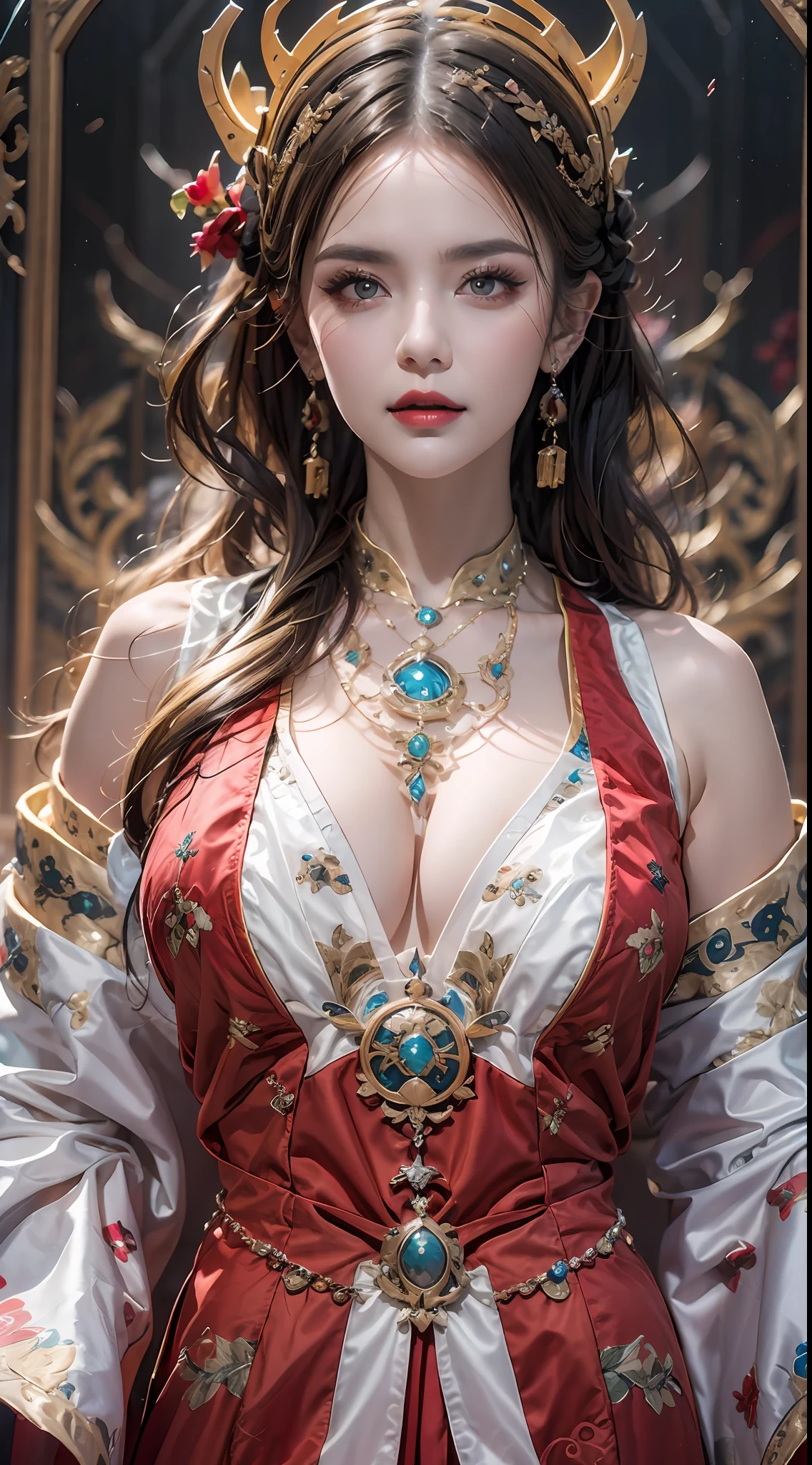 portrait of a beautiful 20 year old holy woman, wearing a thin multicolored silk dress, beautiful face without blemishes, ((natural smile:0.3)), Mouth closed, ((7-color hair length:1.2)), big crown, hair brooch, hanfu dress, chinese ancient style, full body jewelry, forehead tattoo, super even chest, face, red lips, delicate pink and white eyes (white and detailed) cinematic, light and dark, dramatic lighting, magical light, extremely detailed light, true color, super sharp, realistic, 8k quality, fantasy universe background, saints and magical space, the most detailed images,