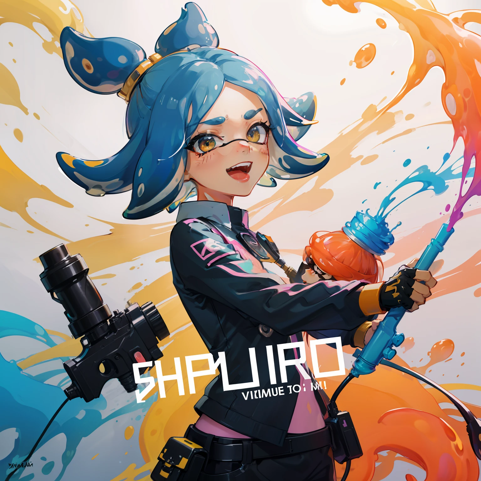 (Splatoon)、great laughter、vivd colour、Cuttlefish hair、a beauty girl、Hero Shooter、masterpiece、top-quality、detaileds、Black shirt、spats、squids、Paint dripping、((Splash paint))、Drip paint