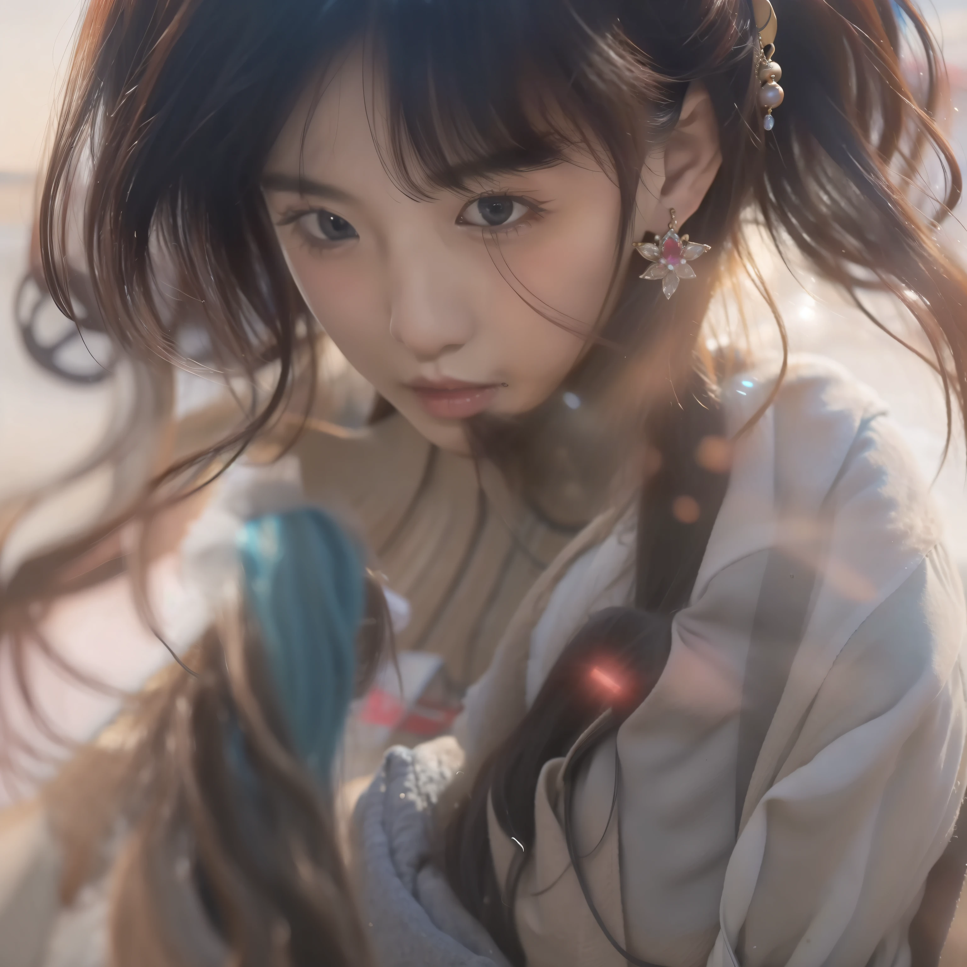 open mouth, crystal earrings, forehead jewel, colored inner hair, hime cut, Hyperrealism, cinematic lighting, chiaroscuro, motion blur, from above, Nikon, 8k, best quality, high details, textured skin,A beautiful asian girl, Hyper-detailed clothing, opulent,dynamic angle,Masterpiece Theatre of the World,long_hair,the Extremely Detailed CG Unity 8K Wallpapers,ink,astounding,Flying,lens_flare,dunhuang_style,