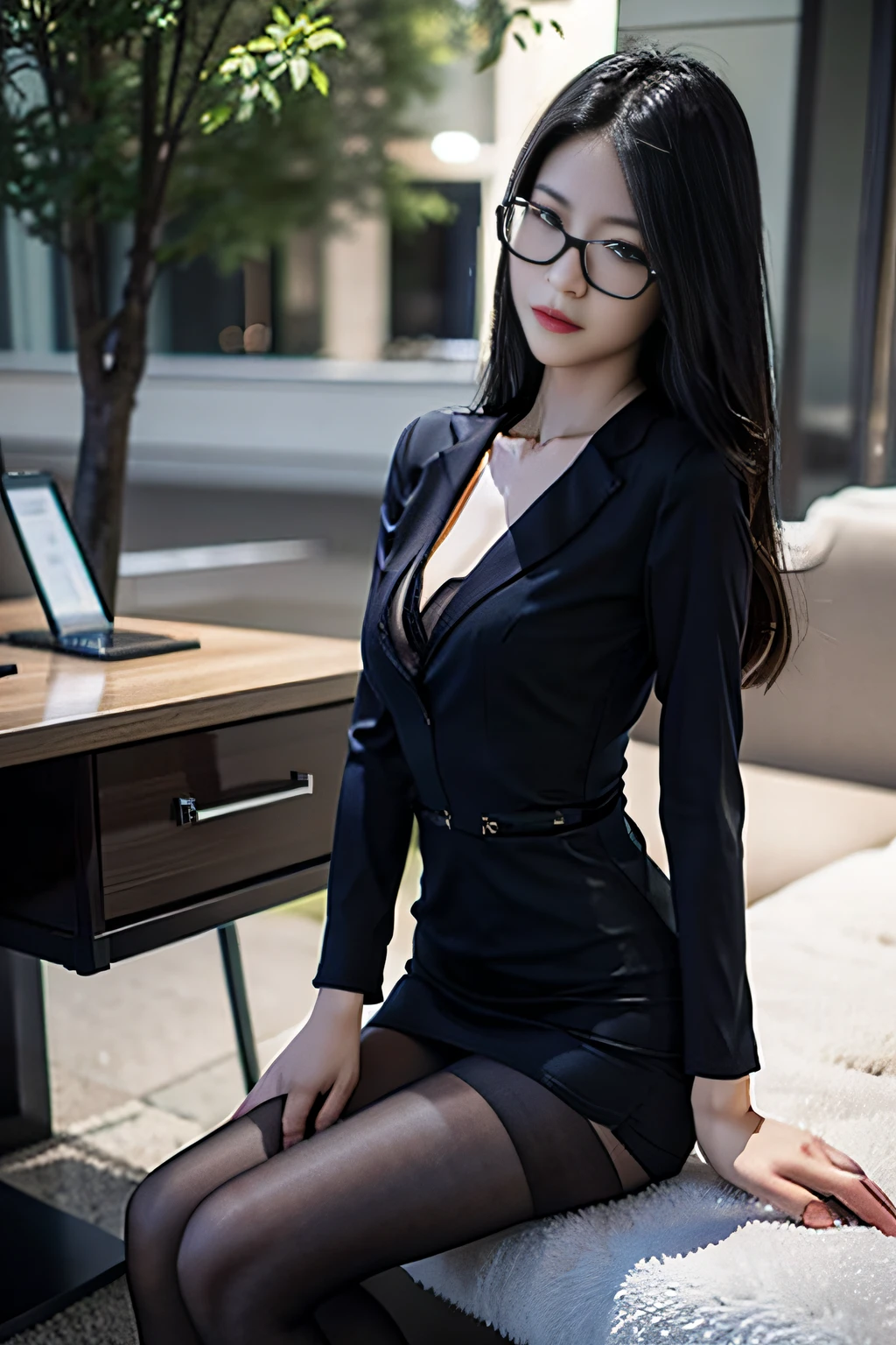 best qualtiy, Full body like，Refined face，pretty  face，slimfigure，Smaller bust，office lady uniform，Office wear，black lence stockings，Outdoor Scene，Sit Pose，wears glasses