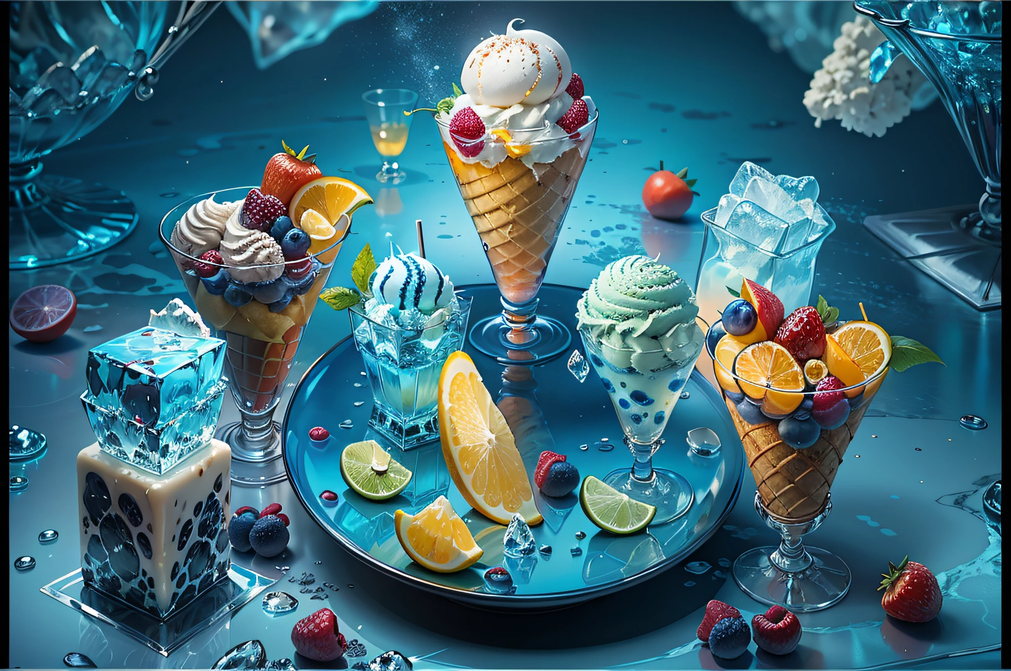 (Masterpiece), (intriciate detail), (Photorealistic:1.3), no human, (Ice cream in crystal glasses), universe, blue theme, Black background, Ice pile, A variety of fruit slices, Cinematic light, simple background layout,