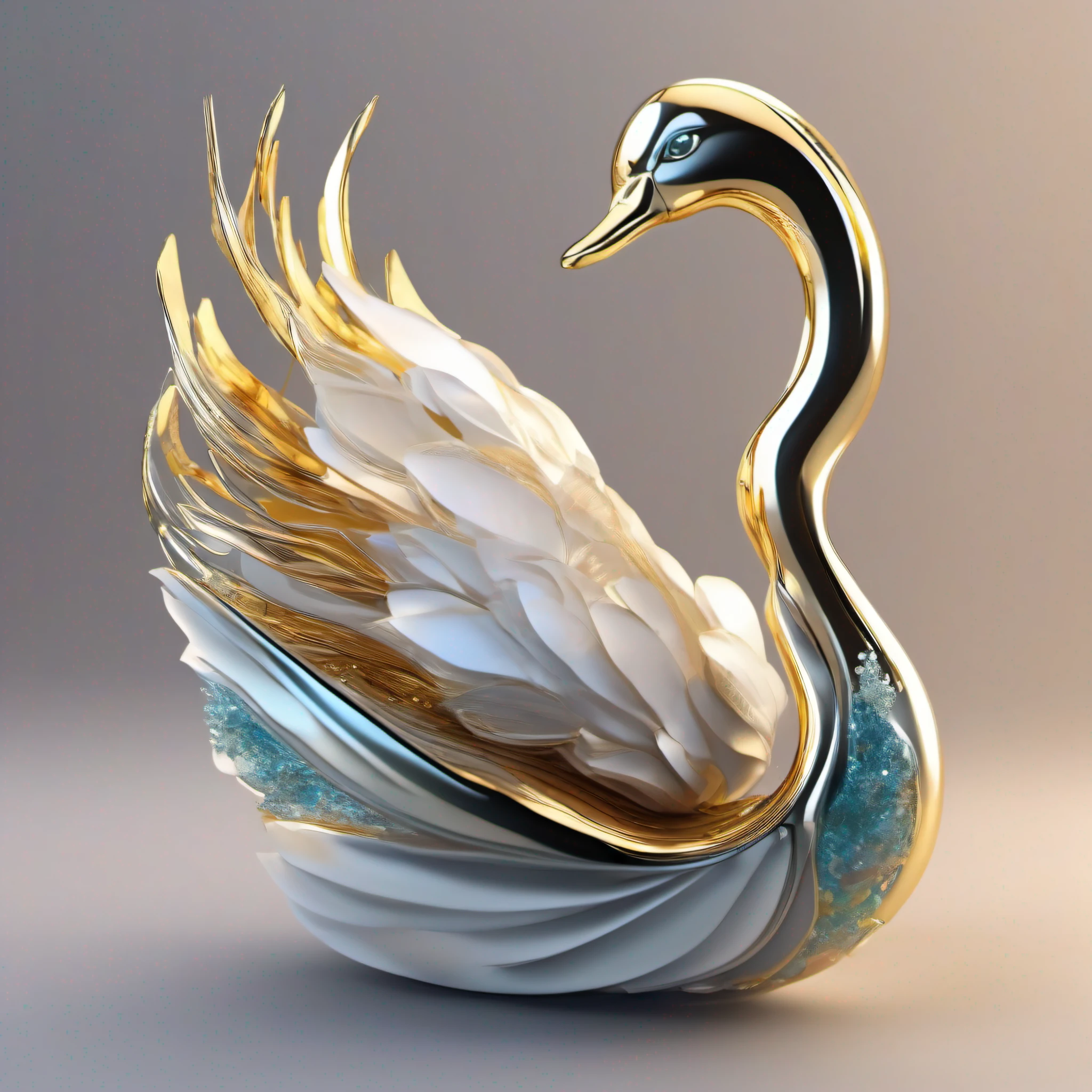 um objeto 3D abstrato com forma amorphous de cisne feitas de vidro e ouro
