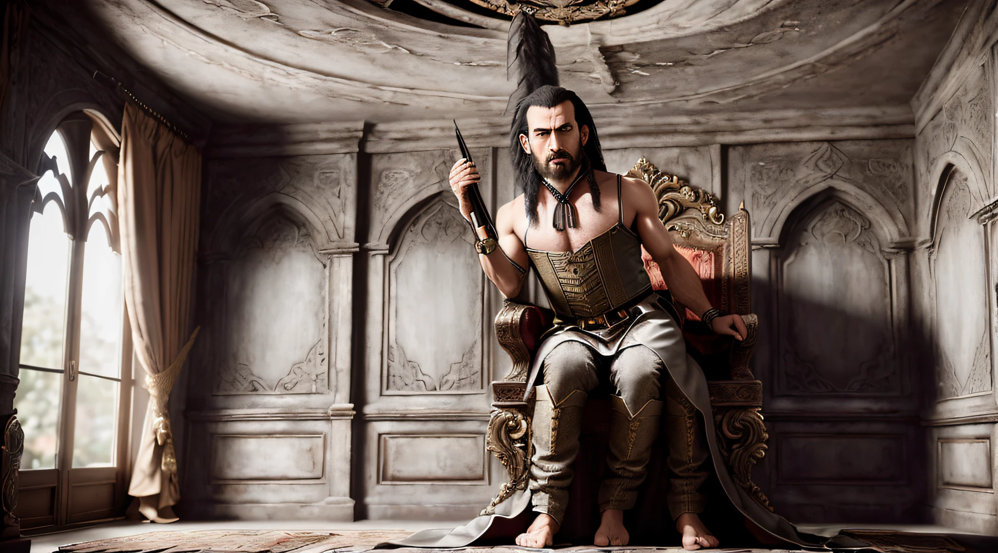 (ultra realistic) (master part) (best quality) (8k) (Very high detail) (hiper detalhe) (velho aterrorizante) (assustador, but charismatic) (muito elegante senhor) (aspecto humano) (advanced age) (Escuro, flowing hair) (cabelos ondulados) (olhar penetrante e profundo) (transmite credibilidade) (olhar terno) (primoroso) (transmits security) (Strong arms for age) (musculoso) (vestido com armadura medieval) (colete de ferro reluzente) (lit cigar in hand) (sentado em uma cadeira suntuosa no canto da sala) (segurando uma bengala antiga) (wearing a Dracula costume) (horror not Count Dracula style) (morto-vivo)
