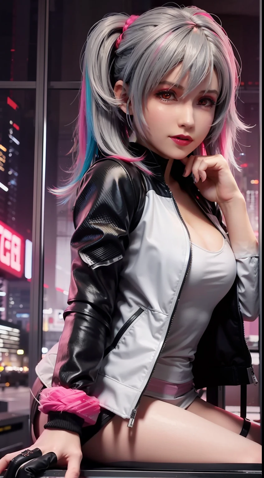 lucy \(Cyberpunk\), 1girll, hair scrunchie, hime-cut, Silver hair, colored tips, full moon, With gray eyes, Jacket, Long sleeves, (view the viewer), Medium hair, multicolored hair, Parted bangs, parted lip, Pink hair, Red eyeliner, Red lips, Solo, White jacket, Cyberpunk \(Series\), Rainy night in cyberpunk city，Flashing neon,From below, (sitting with knees up pose:1.3),(thicc:1.2), Perfect body