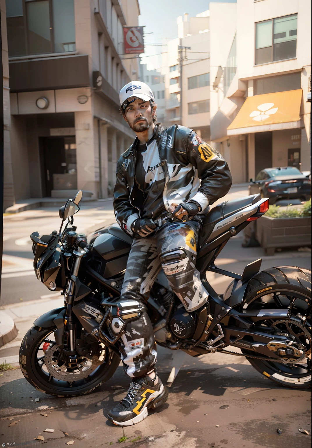 "Realistic, ultra-realistic 3D render with highly detailed features, retain original face likeness, transform motorcycle decals into stylish and funky designs, 8k resolution."