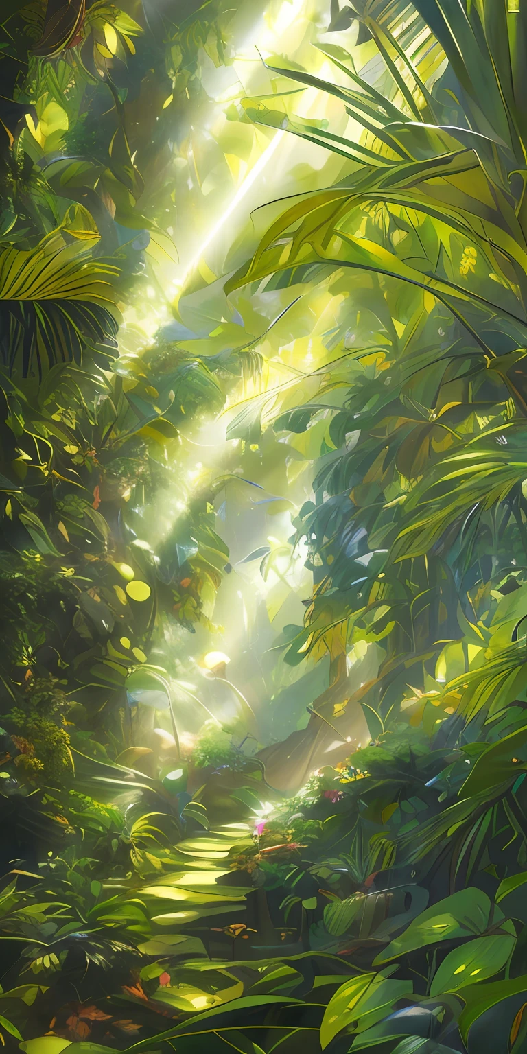 Digital illustration, detailed and intricate, of a dense jungle filled with exotic plants and animals, the sunlight filtering through the canopy creating a dappled effect. In the style of Yoshitaka Amano and Hayao Miyazaki, masterpiece, proportional, detailed, trending on artstation, beautiful lighting, realistic, intricate, award winning, 4k, highest quality