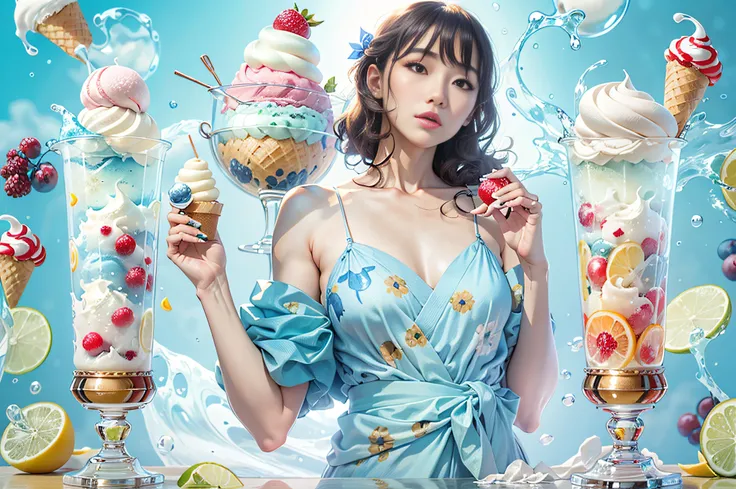 (masterpiece), (intriciate detail), (photorealistic:1.3), 1 cute japanese model, elegant magazine advertising model for ice crea...