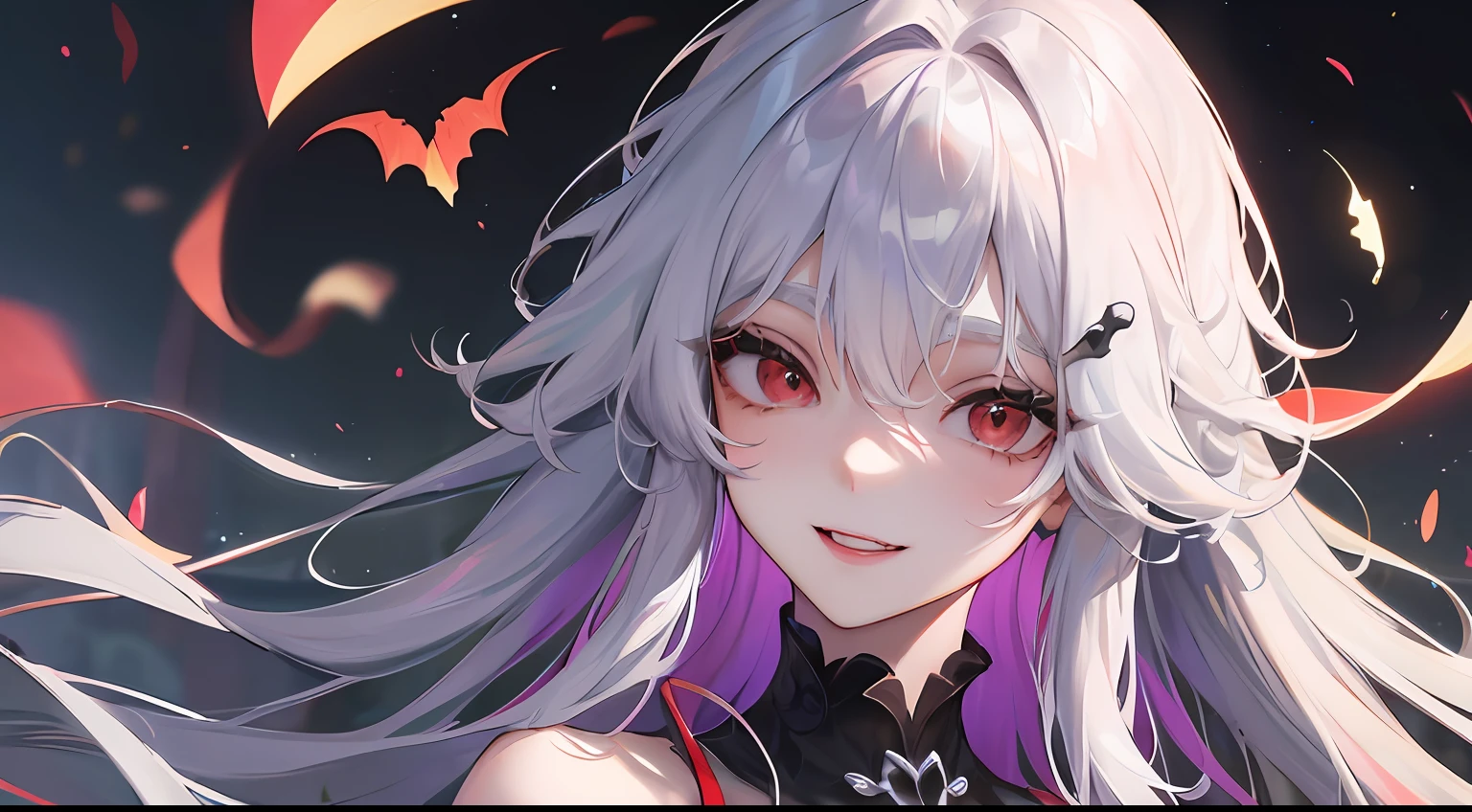 Official Art, masterpiece, Sharp focus, (Beautiful gorgeous cute Korean girl:1.3), (Pretty cute Korean girl:1.3), Korean beauty, Delicate and beautiful hair and eyes and face, Realistis, A highly detailed, beautiful a girl, thin, Tooth smile, ((Smile with eyes, Open your eyes)), Long straight hair , sexy facial expression, Dynamic Hair, Long straight hair, Detailed gray hair, glowing red eyes, 比基尼, pale-skin, Hair ornaments, epic landscapes ,cemetery, Necromancer, Purple feeling, bones, Skeletons, Vampire,
