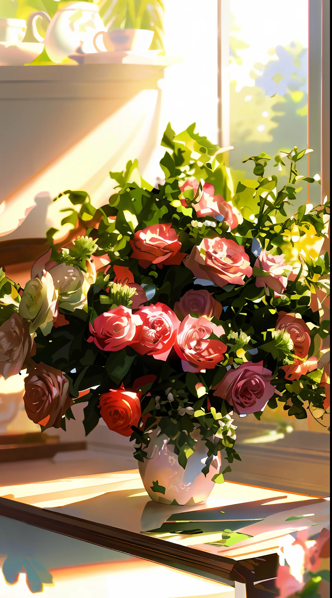 There was a vase of flowers on the kitchen table, i dream of a vase flowers, summer morning light, sunny morning light, roses and lush fern flowers, Bouquet, Rozen Maiden, summer morning, Beautiful flowers, Beautiful image, full subject shown in photo, natural morning light, morningglow, with soft pink colors, taken with a canon eos 5 d