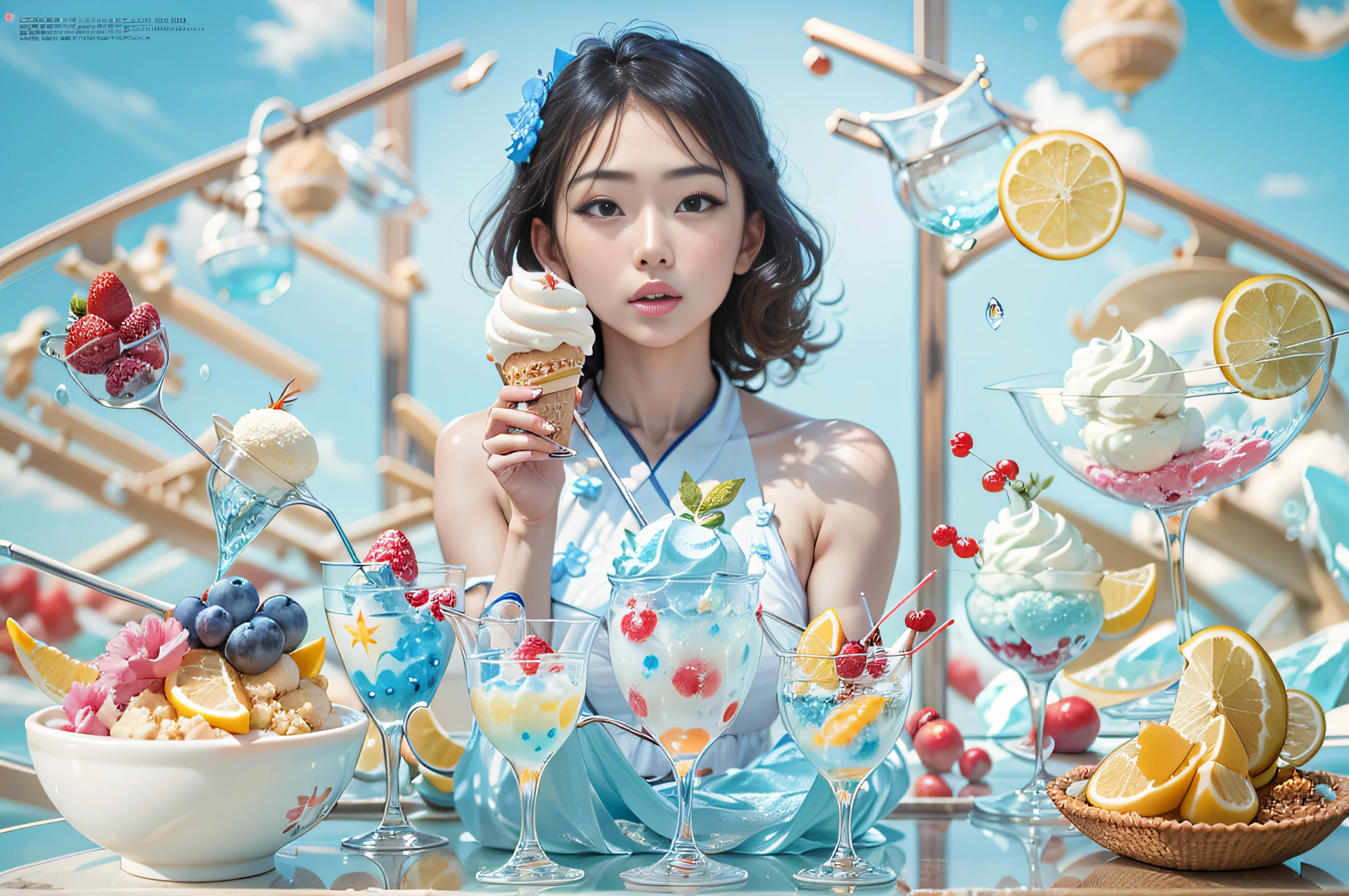 (Masterpiece), (intriciate detail), (Photorealistic:1.3), 1 cute Japanese model, Elegant magazine advertising model for ice cream, Posing with ice cream, (Ice cream on crystal glasses), universe, Marine Blue Theme, ice, fruit, Cinematic light, (Simple background layout),