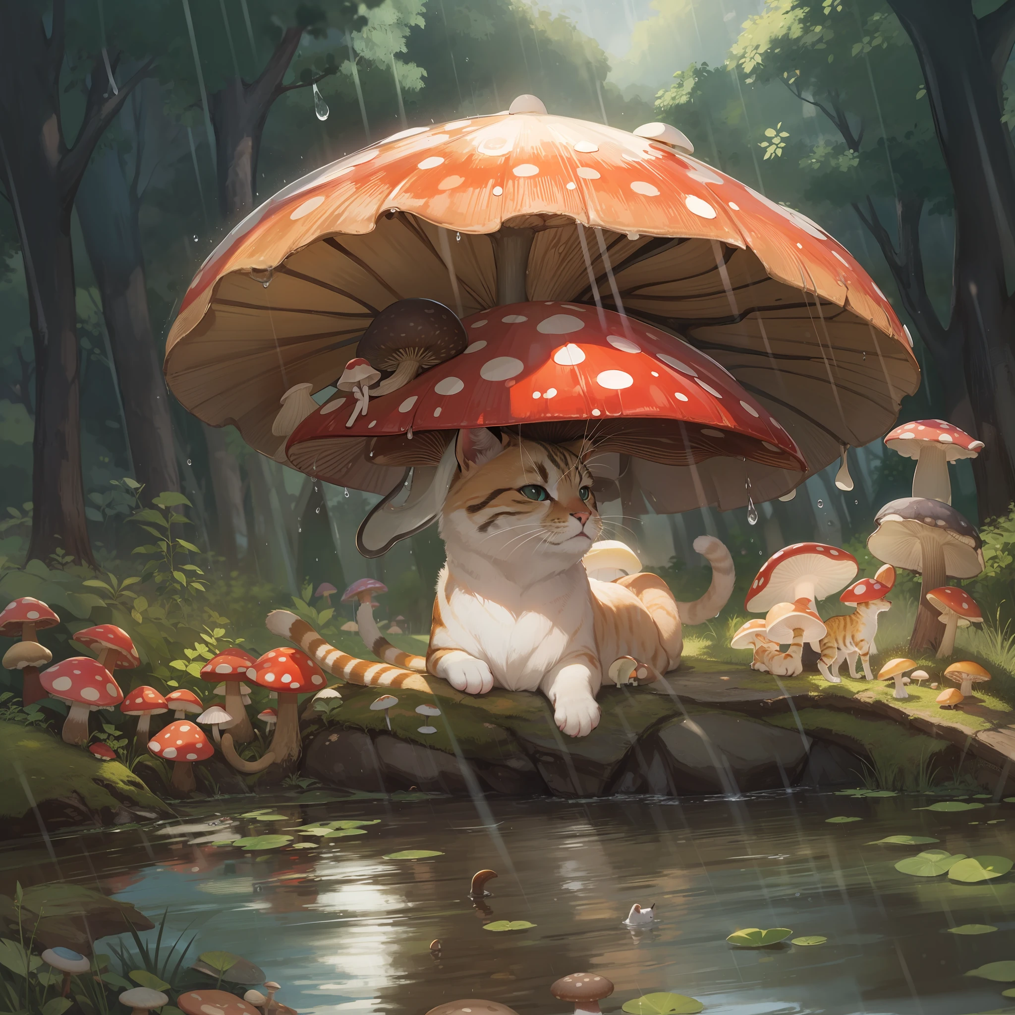 Mushroom,big mushroom,water,under the tree,sunlight,rain,cat under the umbrella