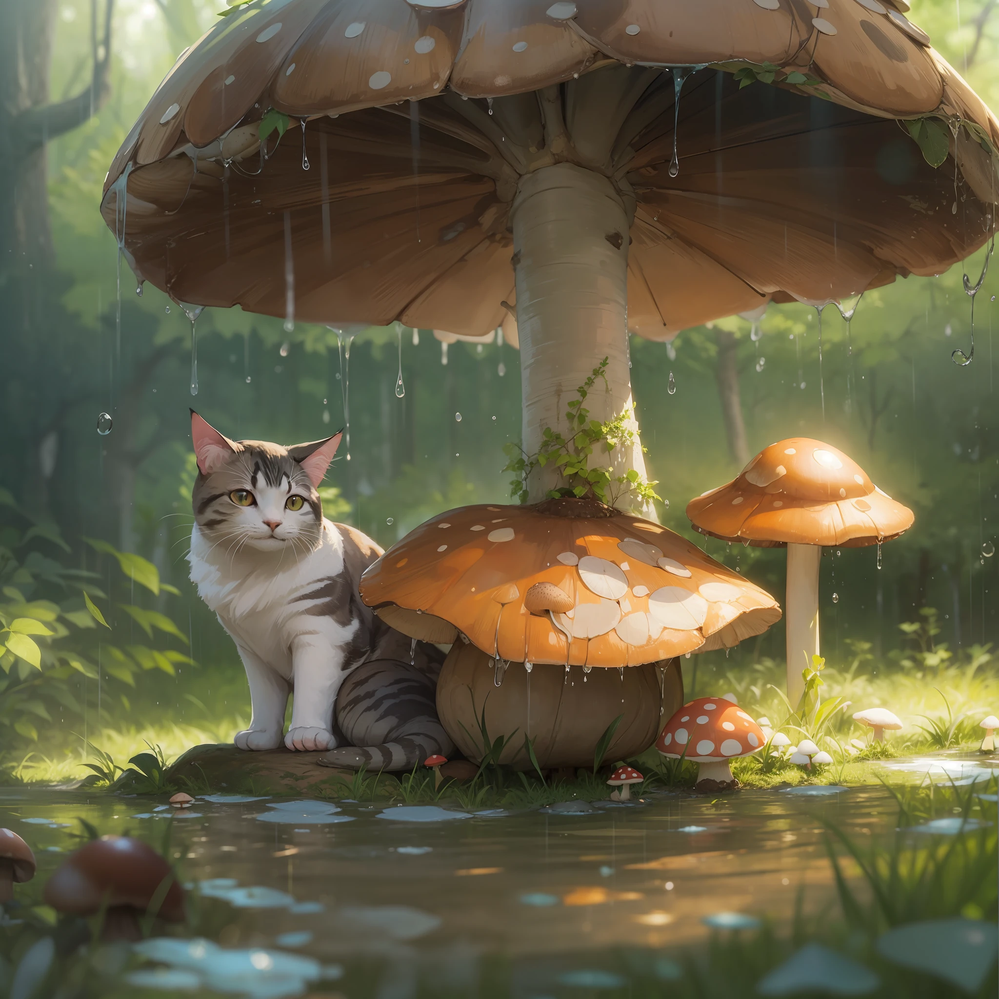 Mushroom,big mushroom,water,under the tree,sunlight,rain,cat under the umbrella