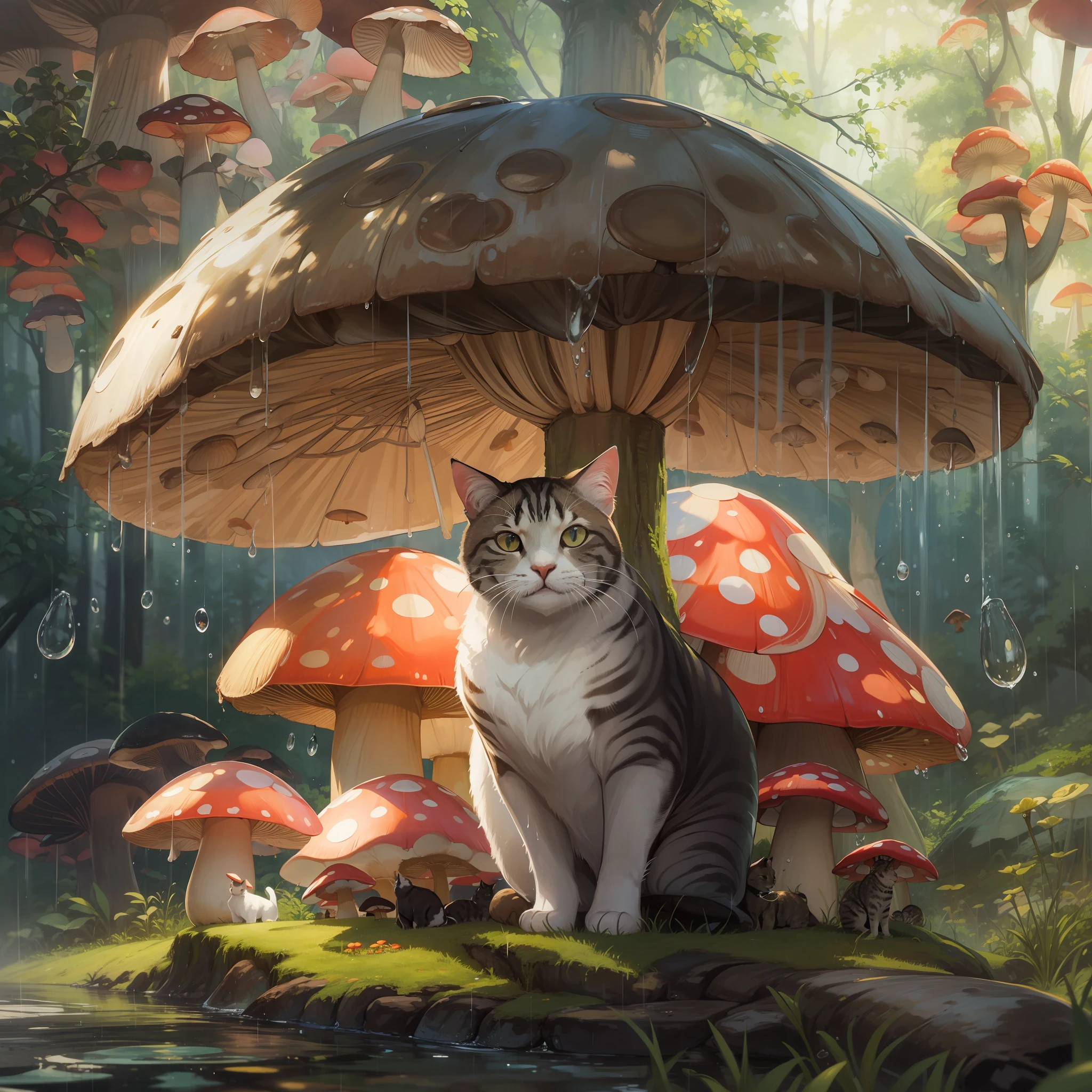 Mushroom,big mushroom,water,under the tree,sunlight,rain,cat under the umbrella