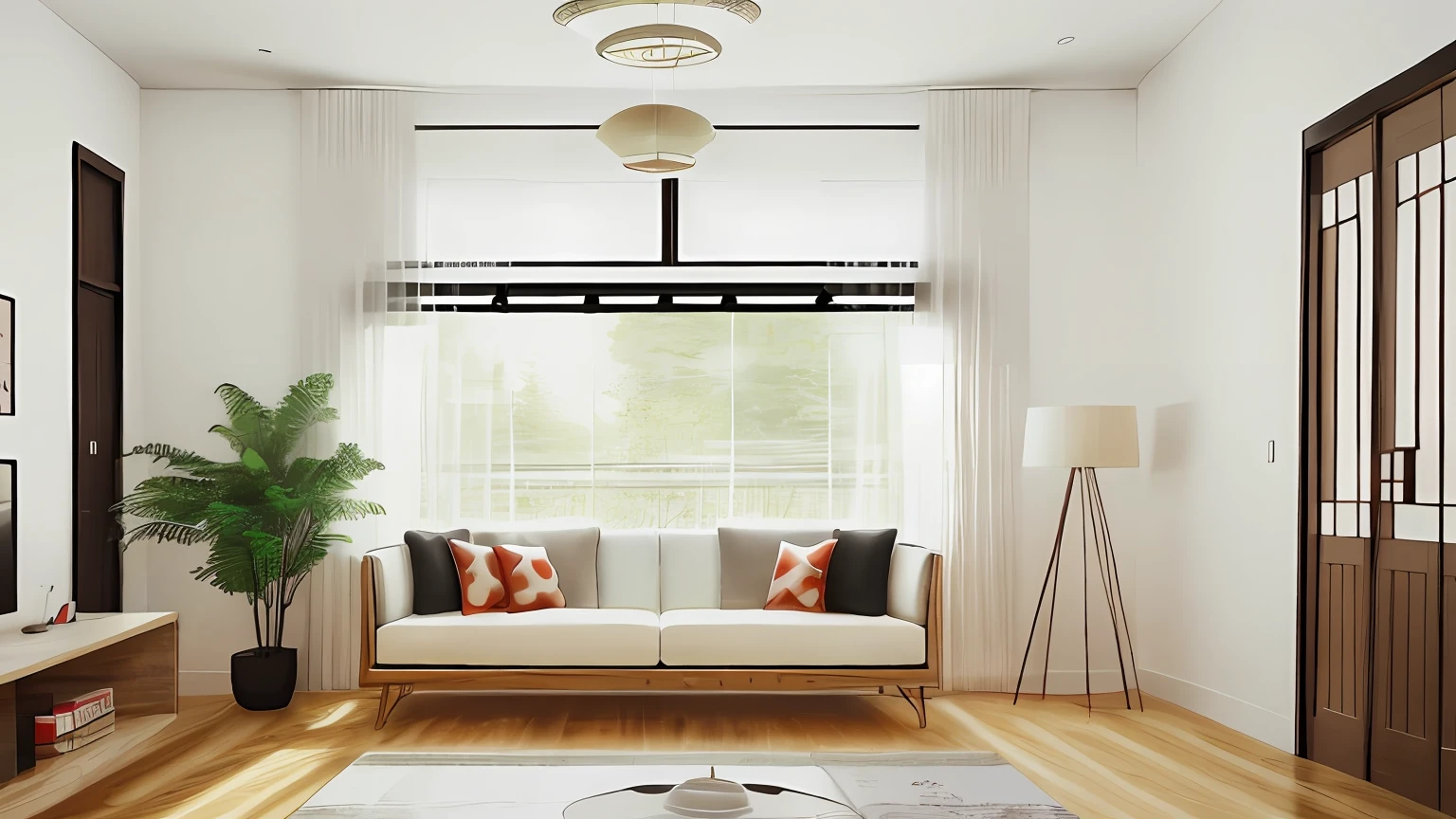 a sketch of a beautiful modern living room, (((artistic impression, higher detailed illustration, an illustration, detailed illustration, artist's impression))), a red kitchen cabinet behind the white sofa, with minimal pictures on the wall, linen curtain next to the classroom window, coffee table, modern wood, ceiling with magnetic emissive lighting, white fabric PRB textures, wooden floor PRB texture, ((chinese style)), dark