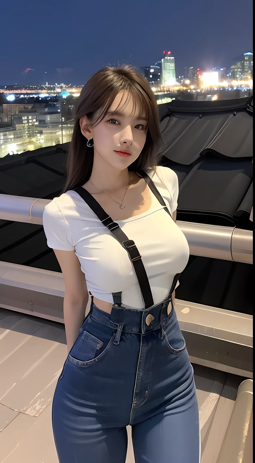 ((midynight, Need, 8k, tmasterpiece:1.3)), full bodyesbian, Long legs, Focalors:1.2, perfect figure beautiful woman:1.4, Slim abs:1.1, ((Dark brown hair, huge tit:1.5 )), (white tight t-shirt, Denim suspenders, standing on your feet:1.2), ((city night scene, the roof:1.3)), Highly detailed facial and skin texture, A detailed eye, 二重まぶた