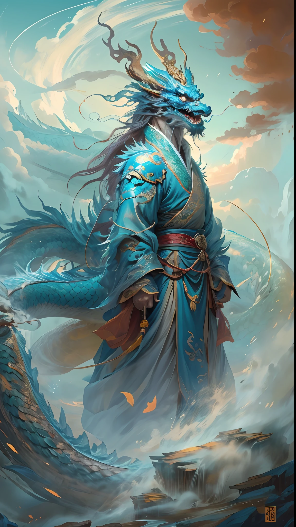 (foto RAW, melhor qualidade), (realista, foto-realista: 1.3), extremamente delicado e belo, Awesome, finamente detalhe, obra-prima, ultra-detalhado, highres, (best illustration), (melhor sombra), intrincado, A Chinese emperor stands atop a mountain peak shrouded in mist, (usando longas vestes brancas), com detalhes azuis e vermelhas, his right hand raised diagonally, empunhando uma espada longa, from the back, in front of a Chinese loong, gigantic blue chinese dragon, (loong: 1.4), nuvens, tempestade, montanhas, sun sunset, foco nítido, Volumetric mist, 8k UHD, DSLR, alta qualidade, (grain of film: 1.4), Fujifilm XT3,