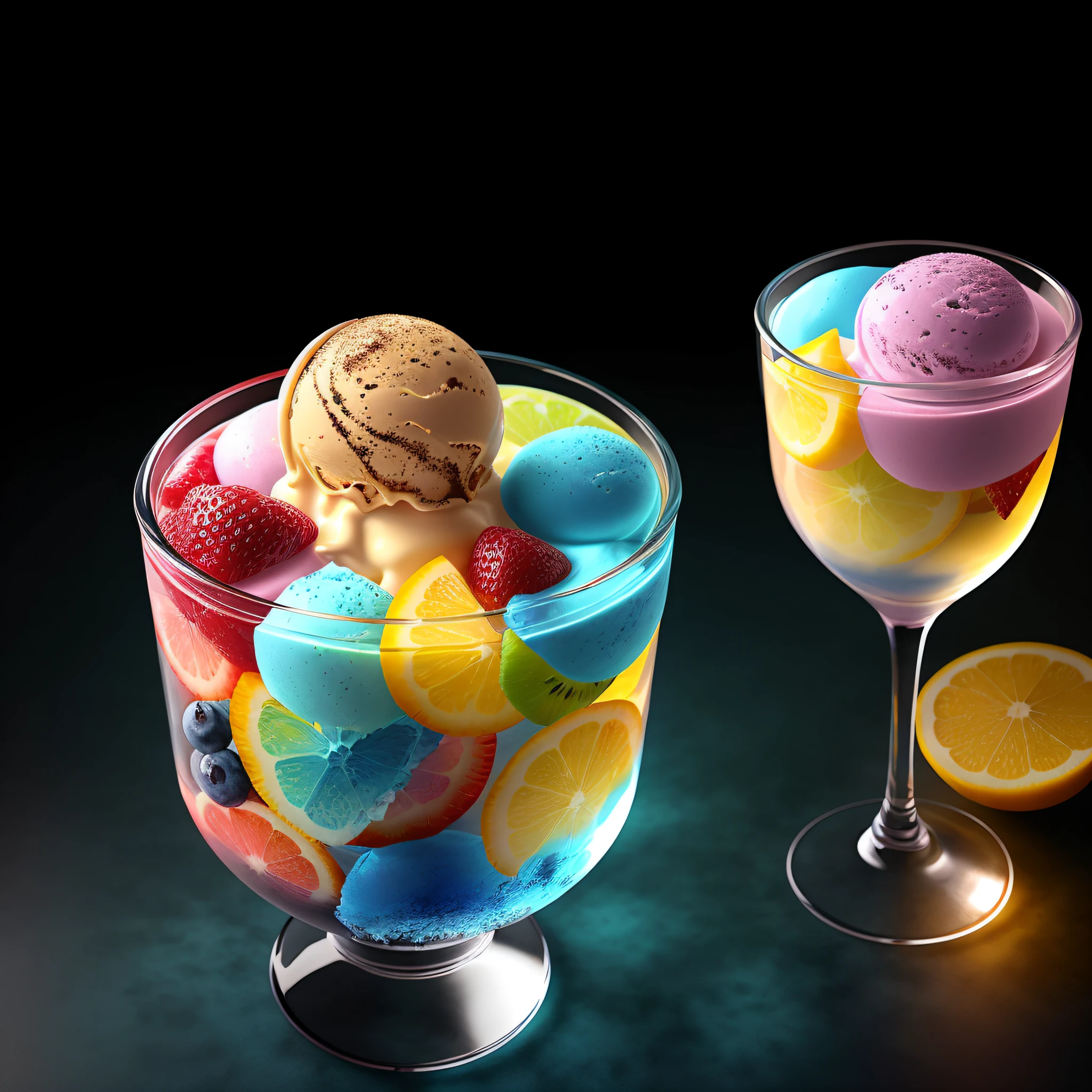 (Masterpiece), (intriciate detail), (Photorealistic:1.3), no human, mixed fruit ice cream in crystal glasses, universe, Marine Blue Theme, dramatic lighting,