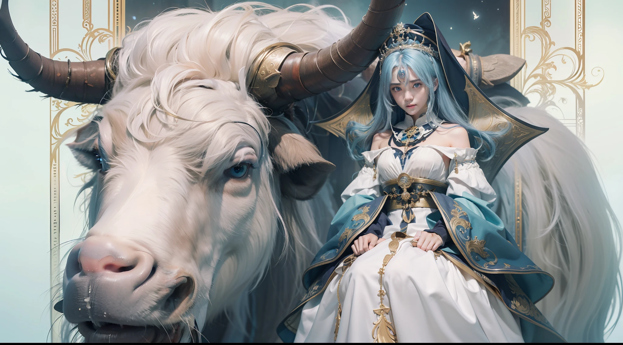 Medieval street corners,Night, Dark, (Fantasy),infinite,deep blue sky,The abyss of knowledge,Cowledge,((masutepiece)), (((Best Quality))),((Beautiful fine eyes)),(Eye lashes)、Very beautiful face、The ultra -The high-definition、Beautiful girl riding a huge white buffalo、(1人)、Black hair、The long-haired、abyss eyes、glowy skin、oils、small tits、Perfect human body structure、Wizard robes、tattered cloth、Realistic coat、Tee、Super delicate CG Unity 32k wallpaper、photoRealstic、masterpiece, ((ultra-detailliert)), ((illustratio)),colourfull,wall-paper,The energy,Unknown terror,Incomprehensible,Around the magic,Magical surroundings,magic wands,Boken,Flying pages,Know everything,Predict the future、Get to know the past、Infinite wisdom、blue flames、Warlock、magic circles、Pentagram、Spells、mantra、Singing magic
