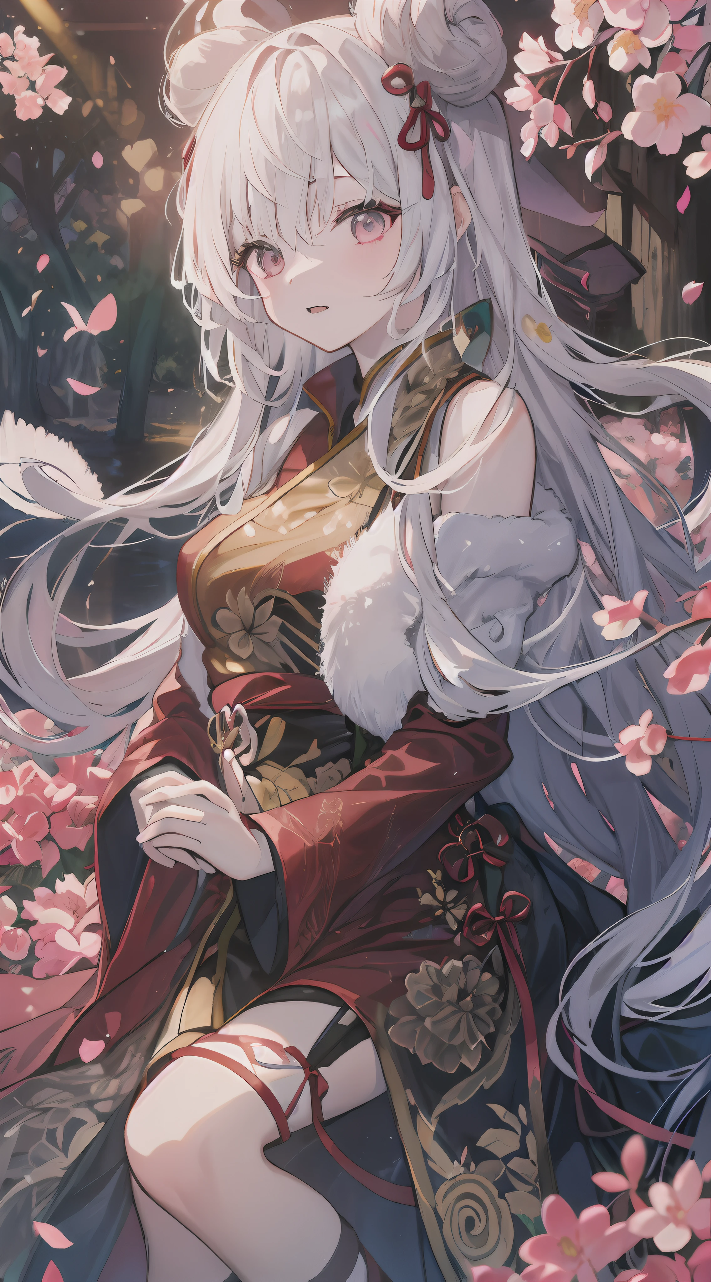 top-quality, Ink painting style, Fresh and elegant, Clear lake, The cherry blossoms set as the sun sets,White color hair, Black cheongsam gold pattern girl, Ride the flower wind to blow your head, A forest dotted with green leaves, Birds sing happily, A poetic scene