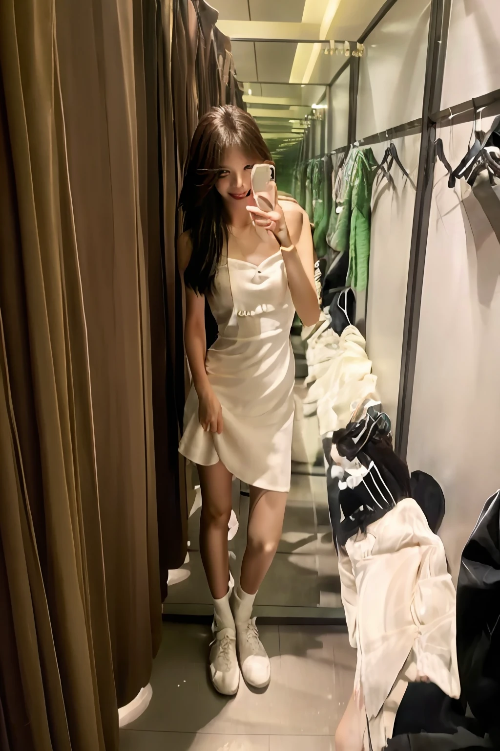 tmasterpiece, Best quality at best, 1girll,long_hair,Light smile, bluntbangs, looking at viewert, long leges,jade foot, Short white dress, (shot_hair:2), (Realistis:1.5), cinematic photogtaphy,