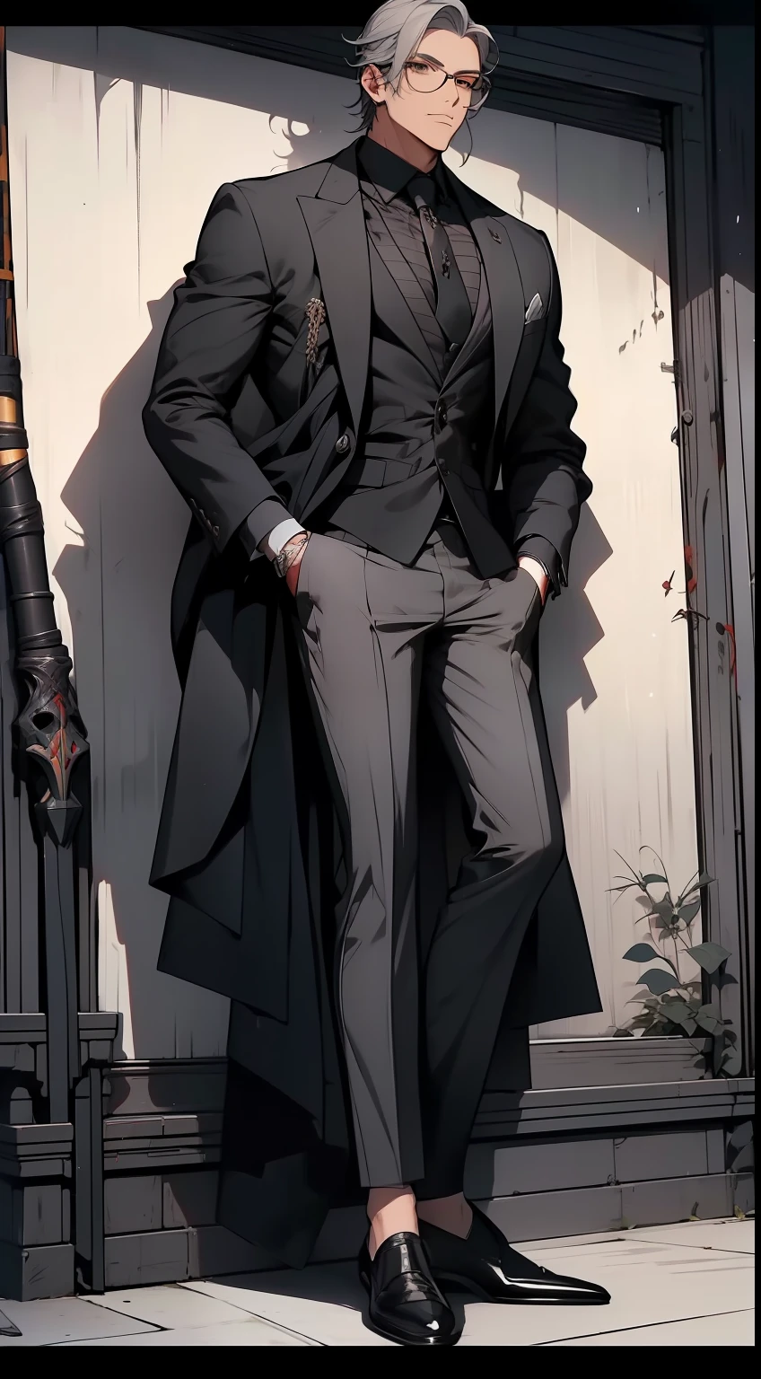 hyper-high detail，light grey hair，Black framed glasses men，Wearing a gorgeous black suit，Black leather shoes，A black blazer is draped over the body，Full body standing painting，Suit pants，Black leather shoes，Demon lover painting style，Wears a gray vertical striped shirt and tie，Handsome anime characters, official character illustration, quadratic element