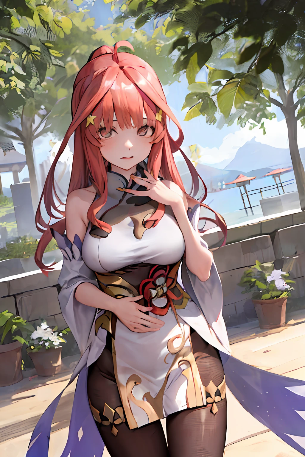 ganyu \(genshin impact\), 1girl, ahoge, arquitectura, flequillo, hombros desnudos, campana, guantes negros, pantimedias negras, ((cabello rojo)), rubor, pechos, nudo chino, mangas separadas, arquitectura de Asia oriental, nudo de flores, guantes, cuernos, cabello largo, mirando al espectador, pechos medianos, campana del cuello, noche, al aire libre, pantimedias, ojos azules, sidelocks, solo, borla, mangas blancas, ((obra maestra))