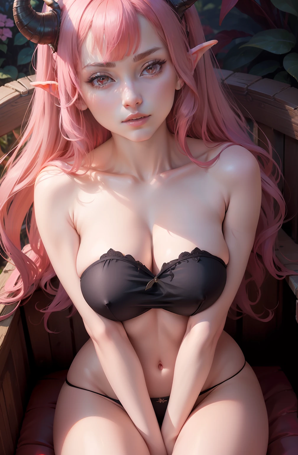 masterpiece, top quality, high resolution, fine detail, incredibly detailed and beautiful, different_images, 1 girl, solo, dragon ping horns, dragon ping horns, dragon ping horns, from below, dark pink hair, red eyes, dragon ping horns, (big tits), (lower chest), outdoor, plants, botanical garden, dolphin shorts, arms behind