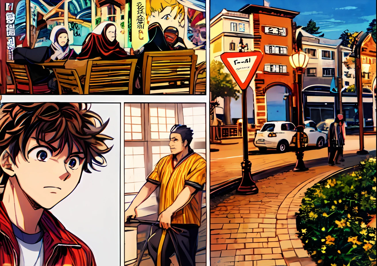 a anime of a boys manga, country of muslims, color manga, manga color, color manga, color manga panel, simple background