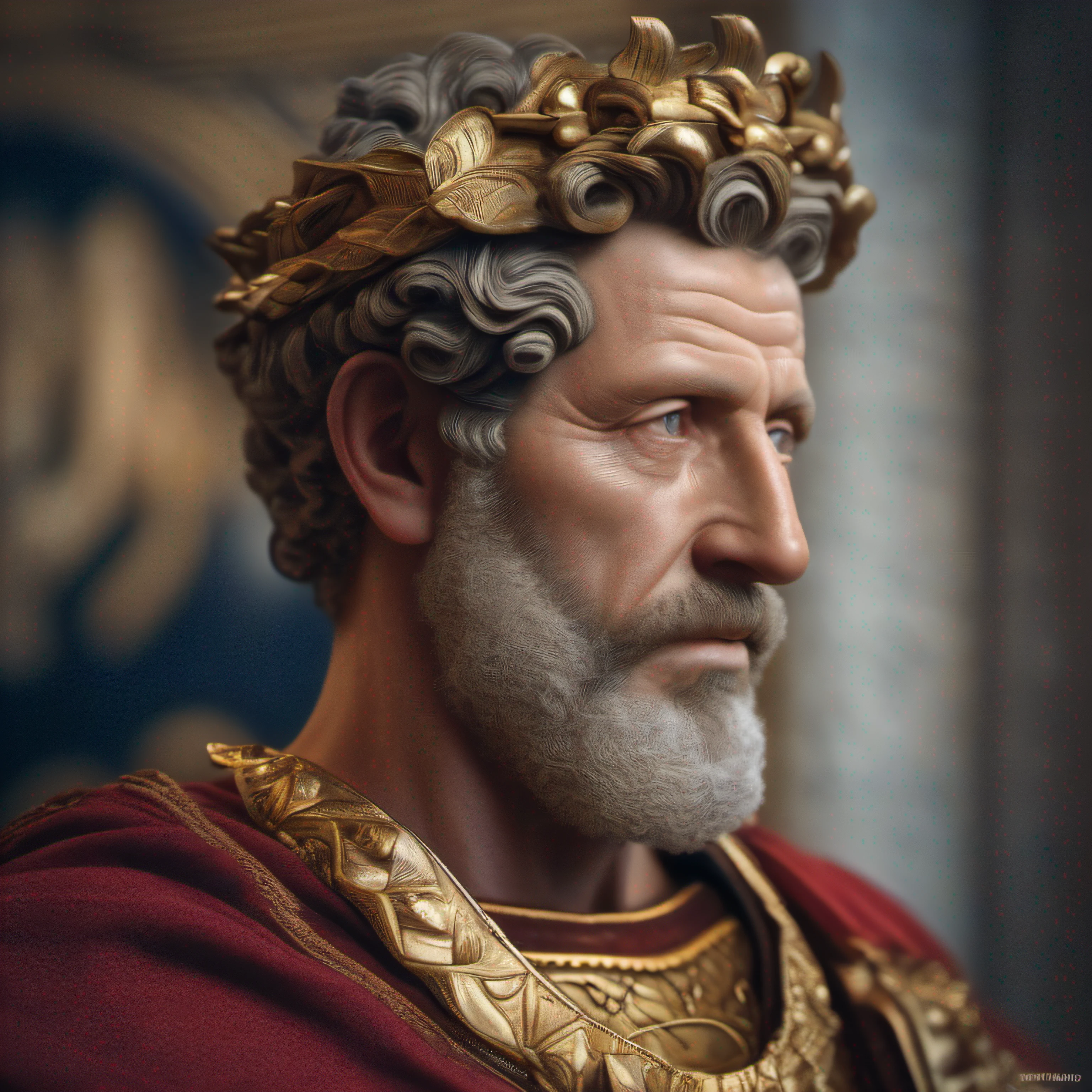 A photo-realistic 8K  Marcus Aurelius Antoninus, the Roman emperor, and philosopher. The image showcases Marcus Aurelius with incredible detail, capturing his stern yet wise expression, his weathered face telling stories of leadership and contemplation. The fine lines on his forehead and the depth of his eyes convey the weight of his responsibilities and profound thoughts. The portrait focuses on his upper body, adorned in the regal attire of ancient Rome, with intricate patterns and symbols representing his power and authority. The background is elegantly blurred, emphasizing the subject and creating a sense of depth and authenticity. The lighting is soft but strategically highlights the contours of his face and adds a touch of warmth to the overall composition. This photo-realistic image is executed using advanced photography techniques, using a high-resolution 8K camera with a professional portrait lens, capturing every nuance and texture in exquisite detail. The post-processing involves meticulous retouching and color grading to achieve a lifelike and historically accurate representation of Marcus Aurelius Antoninus