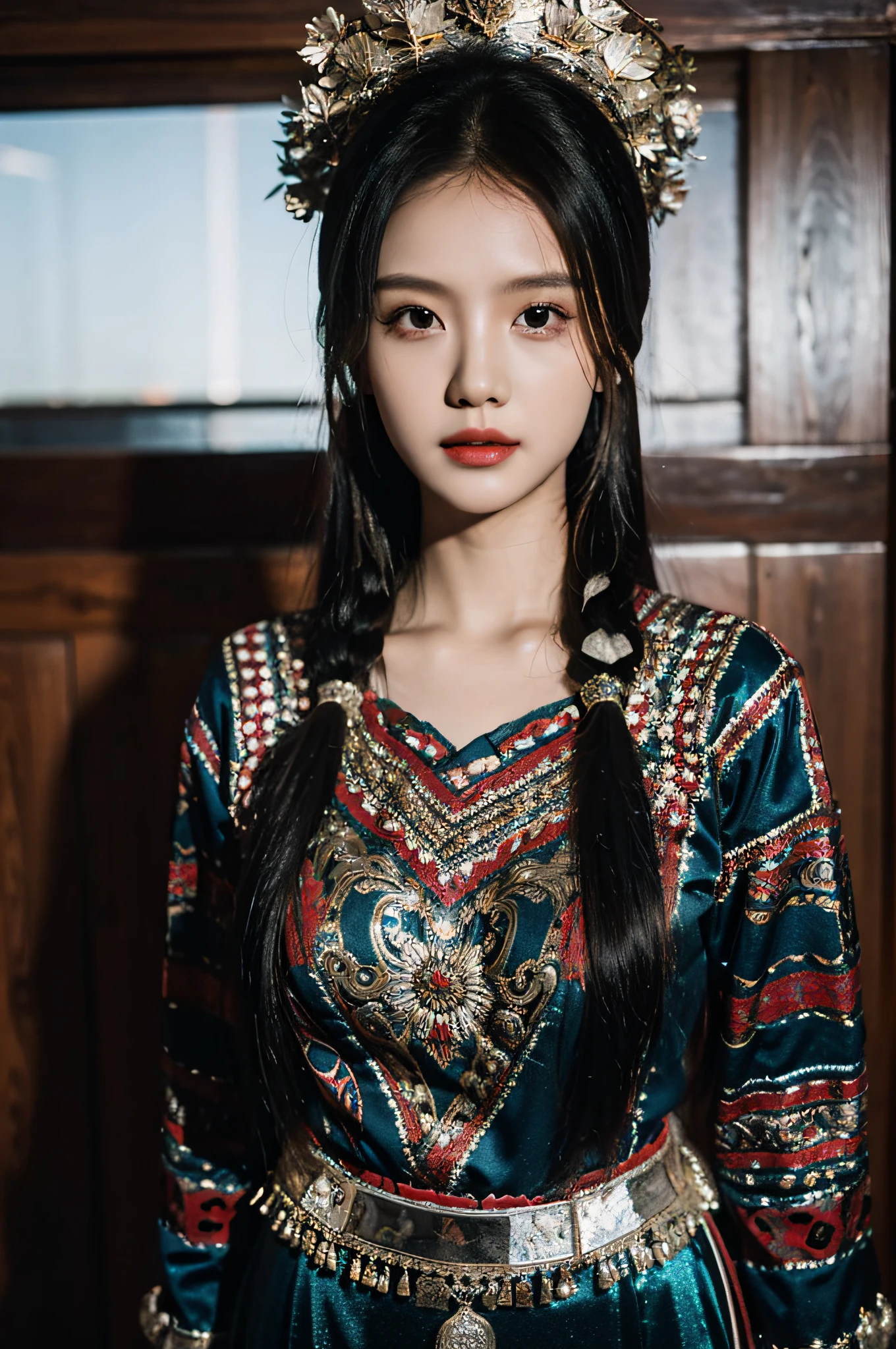 （Hyperrealistic,）4K,35mm，hyper-high detail, Professional lighting, Best quality, Ultra-high resolution, Visually stunning, (1girll:1.1),  （Hmong costume 1.2）,realskin,（Perfect body 1.3）Ultra-delicate face。