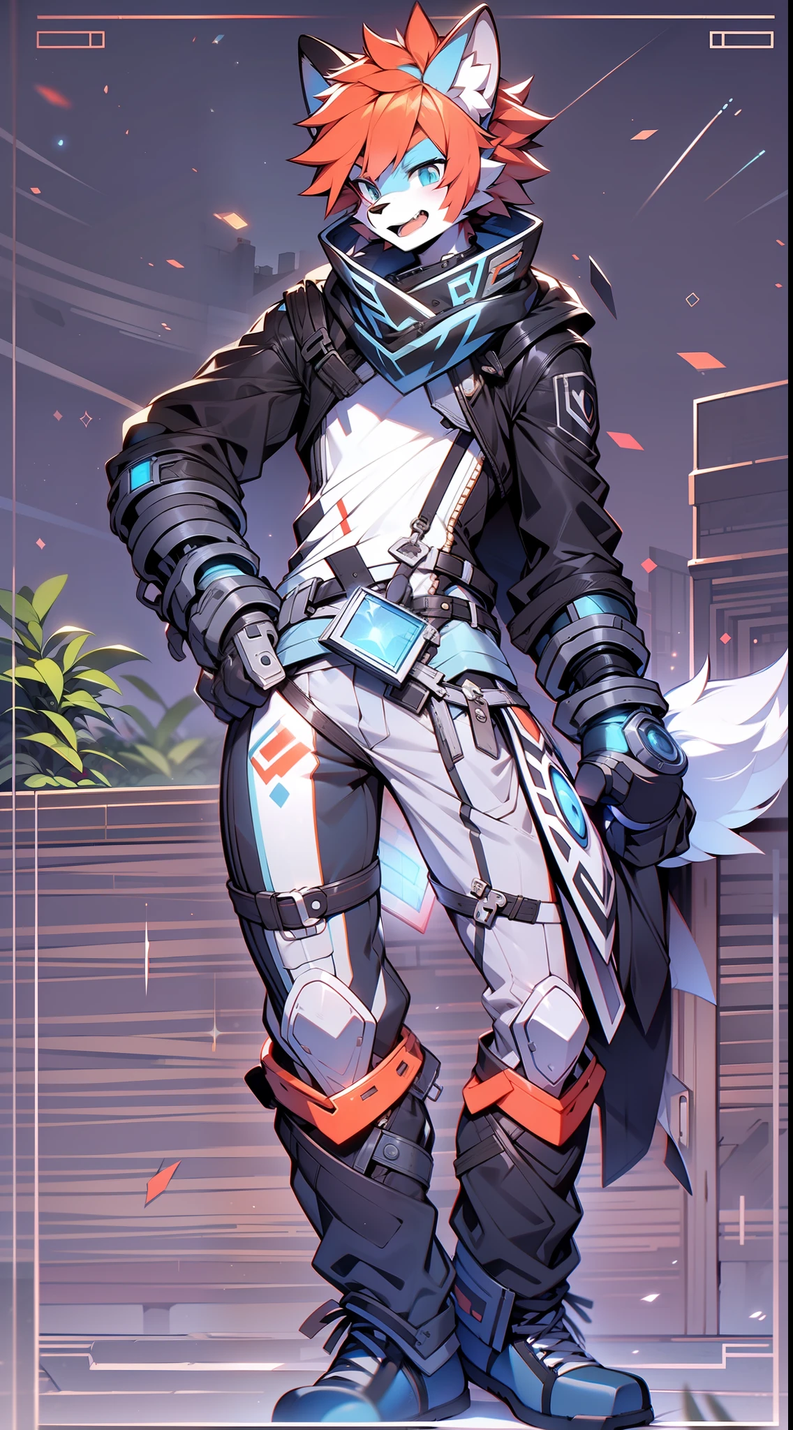 Furry:1.2 Wolf:1.5,Handsome:1.5,Shota 1.6,Blue-orange hair:1.2,Extreme light and shadow:1.5,The light from the back window is backlighted:1.6,Wear black fingerless gloves:1.7,Wear black pedal socks:1.7,Blue light particles:1.2,The dark space:1.8,Turn Back:1.7,Be red in the face:1.5,Behind her is the garden:1.5,metallic luster:1.7,Handsome laughter:1.7