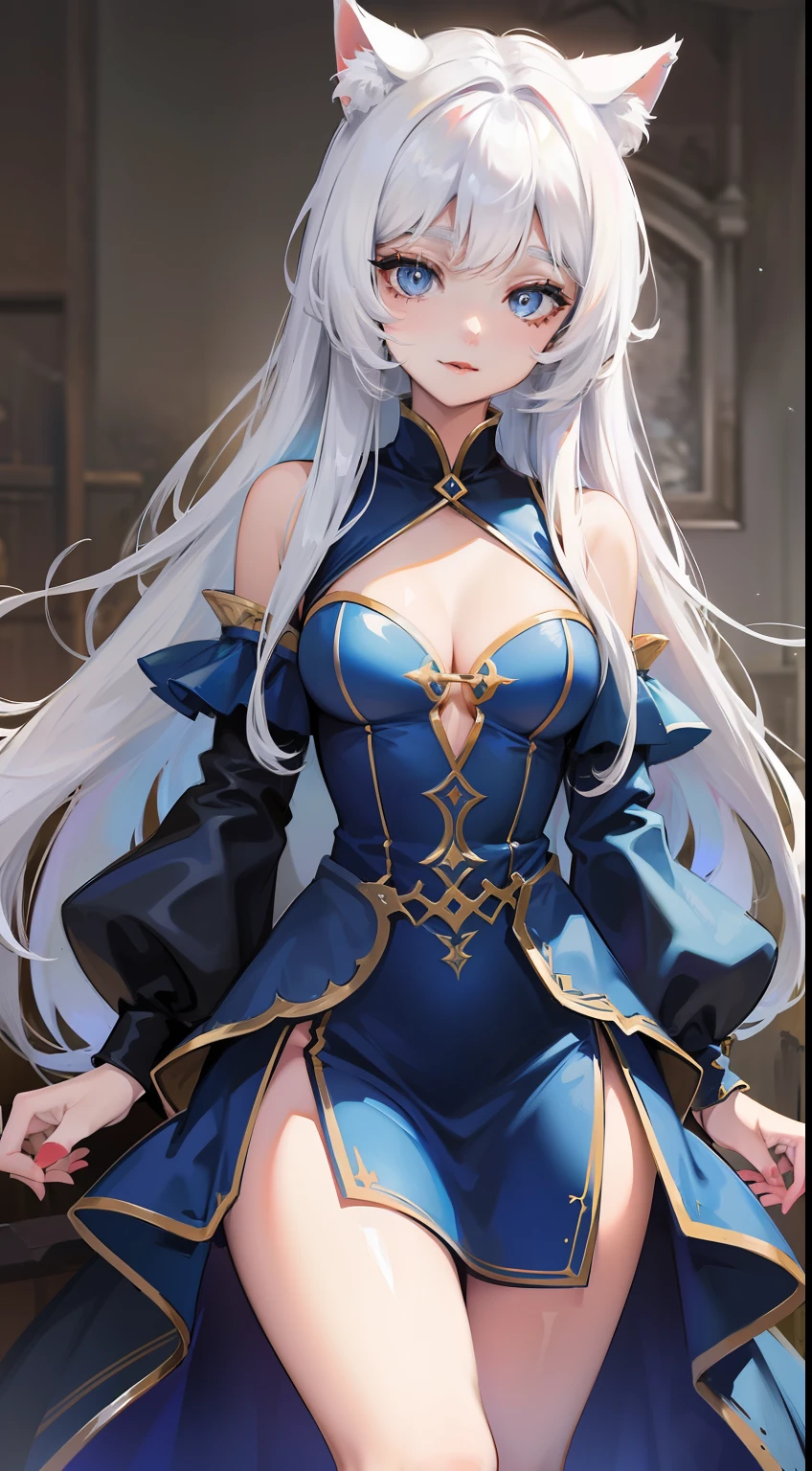 young girl, Long white hair, cat ears, cat tail, blue eyes, Blue luxurious tight dress, ssmile, Masterpiece, hiquality
