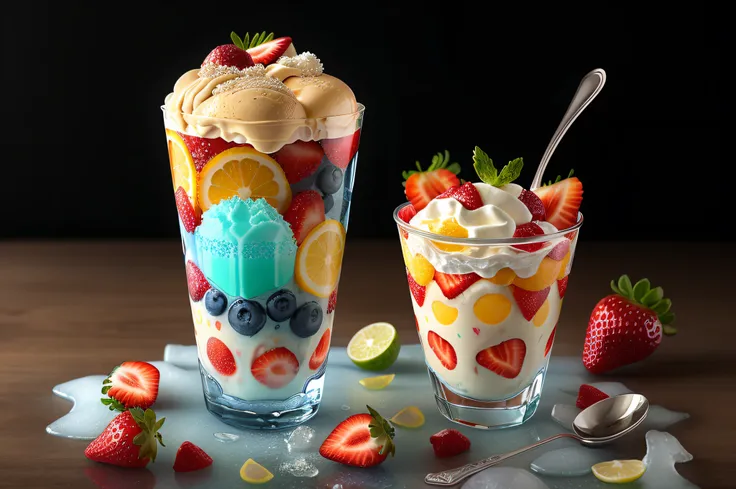 (masterpiece), (intriciate detail), (photorealistic:1.3), no human, mixed fruit parfait, a mixture of fruits and ice cream with ...