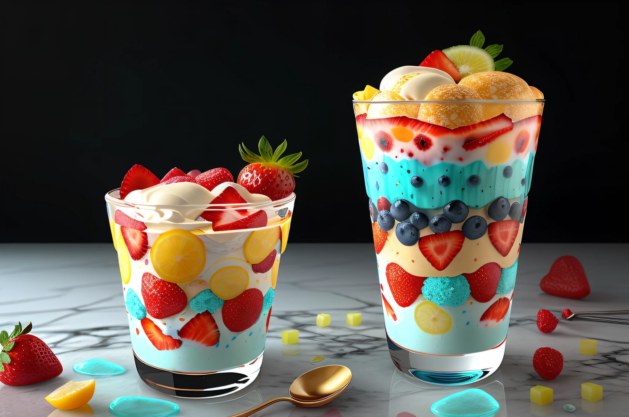 (Masterpiece), (intriciate detail), (Photorealistic:1.3), no human, mixed fruit Parfait, A mixture of fruits and ice cream with shaved ice, in Angled crystal glasses, Topped with strawberries and cream, universe, Marine Blue Theme, dramatic lighting, Spoon, pieces of ice, fruits,