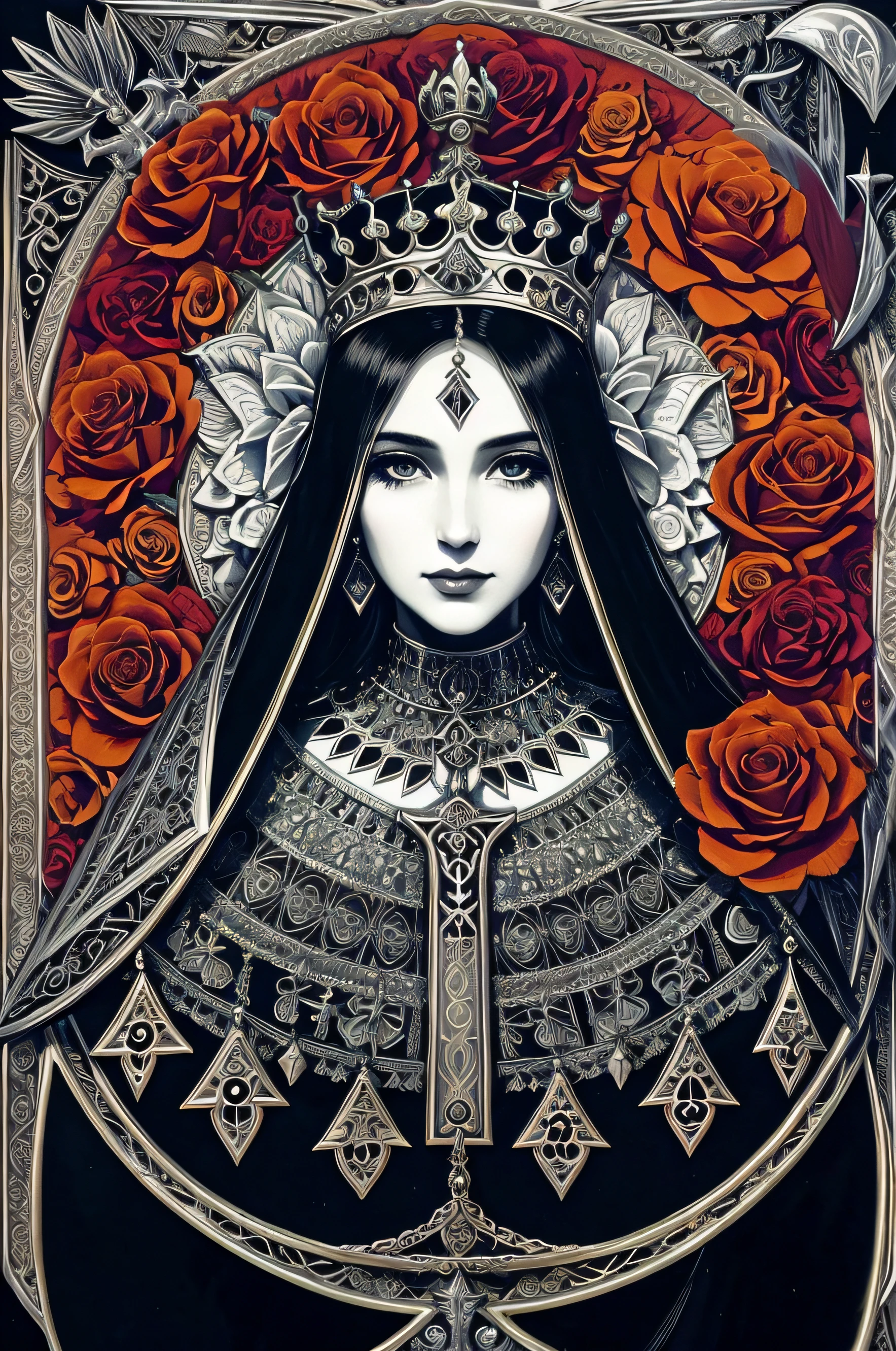 Close-up of a woman wearing a crown and roses, Goddess. Extremely high detail, high priestess, Priestess, art deco flower shaman, high priestess, she is the queen of black roses, flower queen, portrait of princess zelda, queen of death, gothic princess portrait, Sheep's head decoration，Skull decoration，Dark gold jewelry，Empress Tarot card, a stunning portrait of a goddess