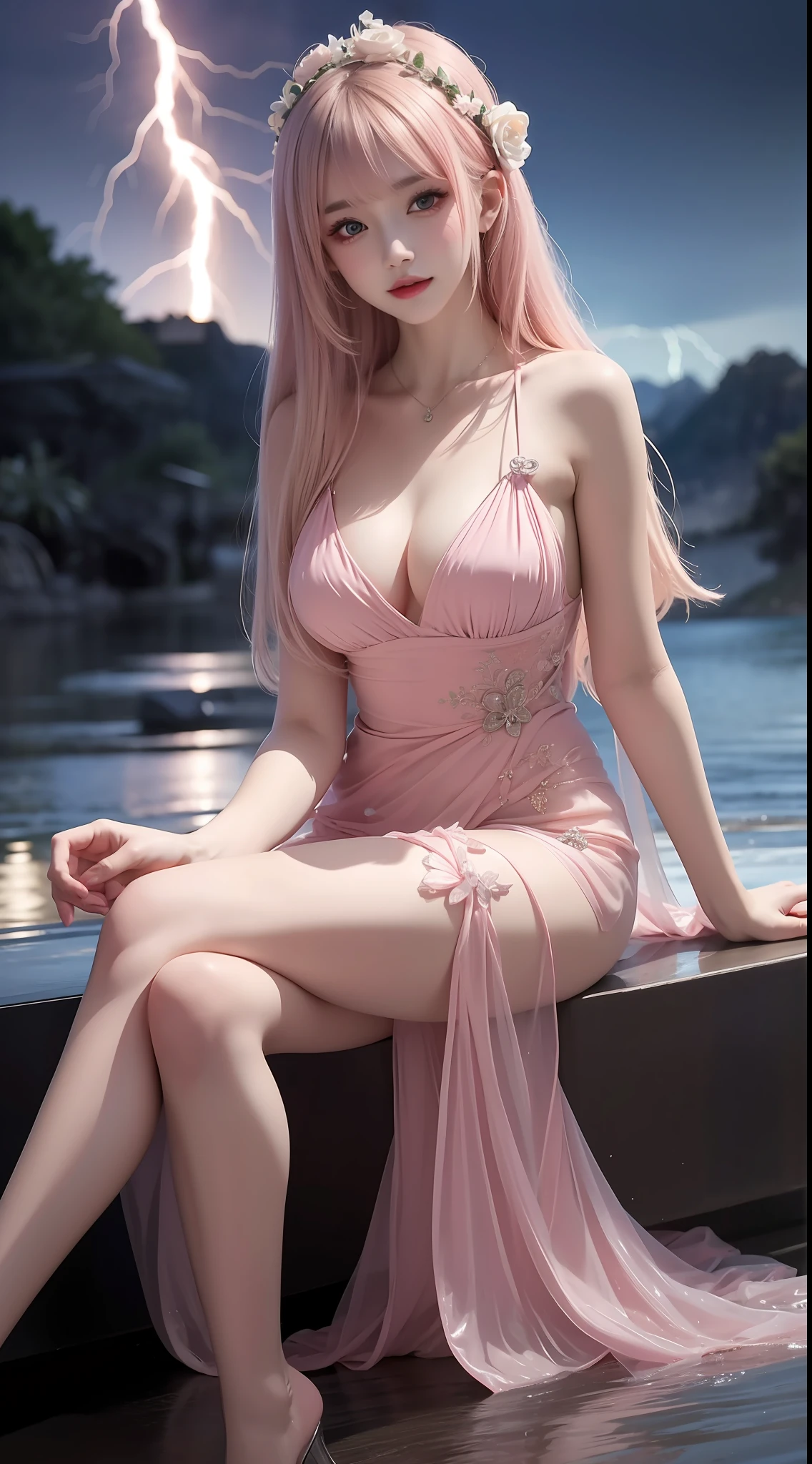 8K uhd, materpiece, a beautiful girl, detaild eye, good face, good skin, beautiful dress, pink dress, party dress, fantacy, shining, dim lightning, sitting, whole body capture,