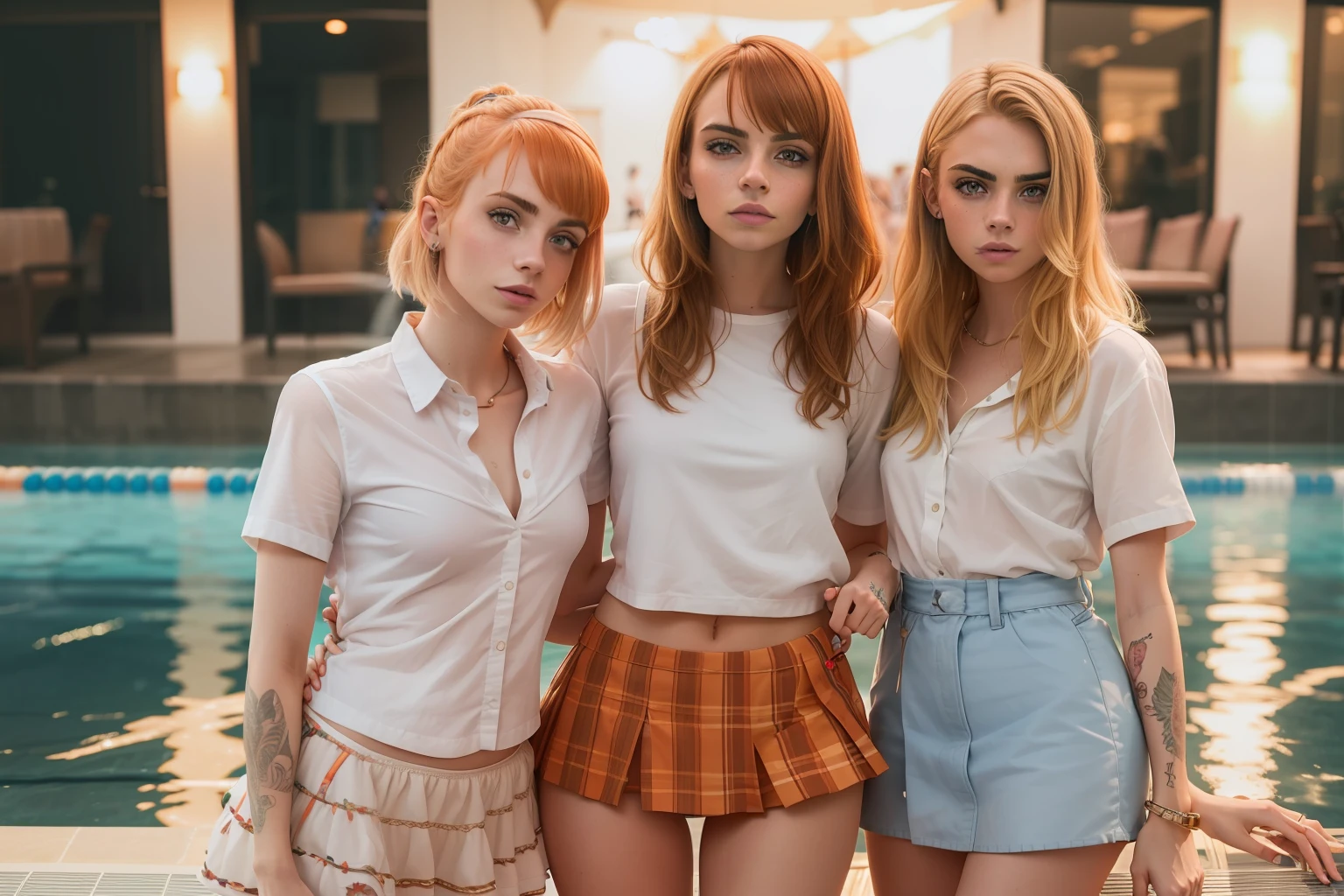 Ein Foto von drei Frauen stehen am Pool, Hayley Williams, Emma Roberts, Cara Delevingne, all wear Cropped shirts and microskirts, upskirt, ((from_below))