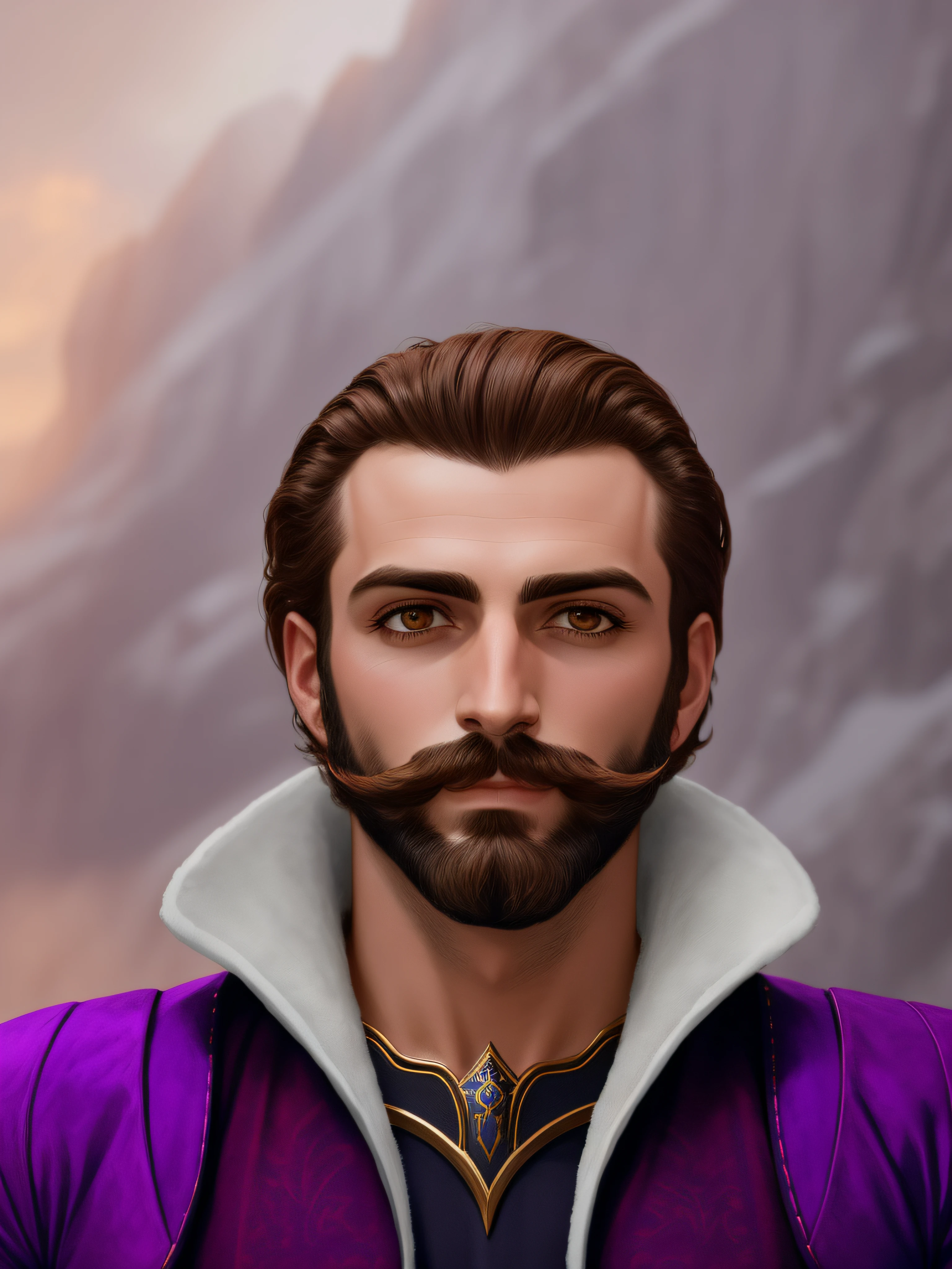 Homem com barba e bigode de jaqueta roxa, retrato masculino da fantasia, retrato detalhado do caractere, Personagem altamente detalhado, bonito impressionante realista, retrato de personagem de closeup, barba grossa altamente detalhada, inspirado em Rajmund Kanelba, personagem de fantasia hiperdetalhado, barba detalhada, inspirado em Alexandre Cabanel, closeup retrato de personagem, fantasy rpg symmetrical portrait, retrato de fantasia digital