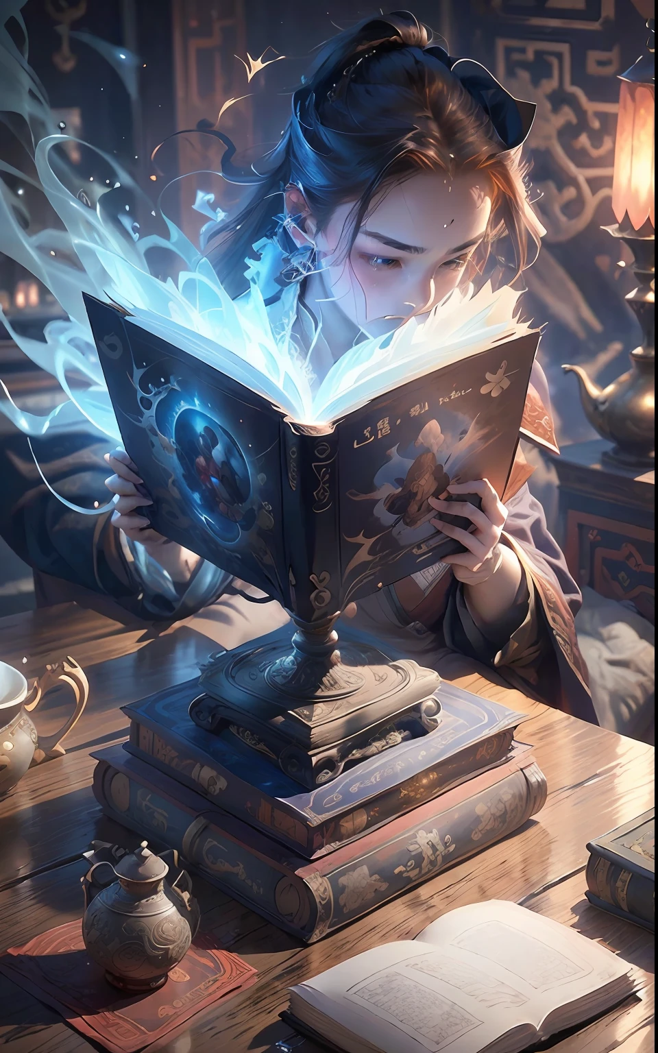 Reading on the desk，（The book is in the center of the picture：1.3），Close-up of the book，The book glows，Magic series，treasures，Symmetrical picture，The picture glows，China-style，Martial arts novel atmosphere，The background is a Chinese scene，tmasterpiece，best qualtiy，8K，Extremely clear lines