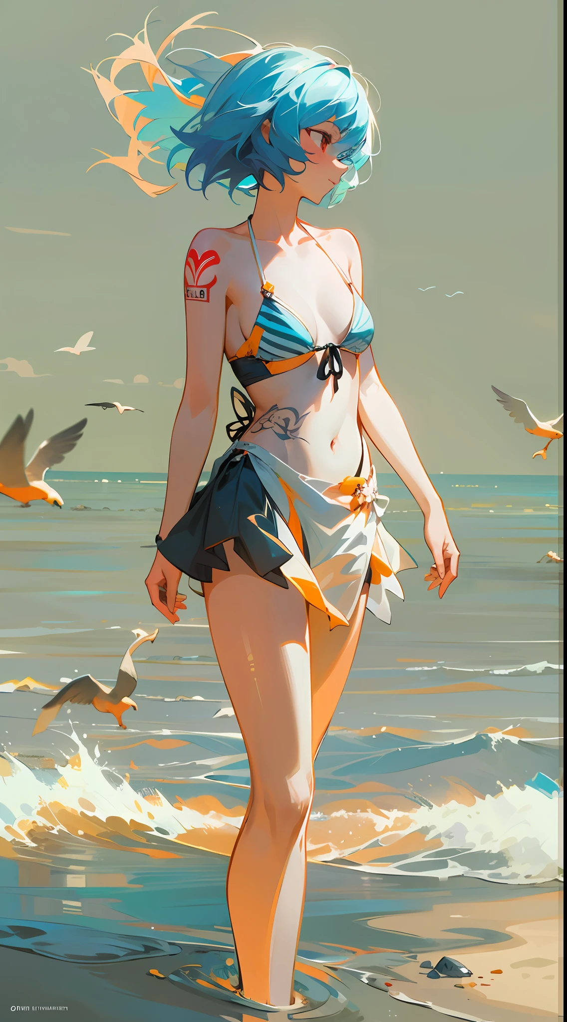 1girl, beautiful eye, smile, Rei Ayanami, blue hair, short cut, red eyes, calm yet slightly emotive expression, black bikini, orange abstract patterns on black base, natural pose, not standing rigid, abstract black tattoo on her body, beach background, hot summer, clear blue sky, distant azure sea, white sandy beach under her feet, cool sea breeze causing a gentle flutter of her hair, silhouette against the bright sun, vibrant colors of summer around her, a tranquil moment of leisure, small waves lapping at the shore, faint footprints on the sand, sea shells scattered around, subtle blush from the summer heat, reflection of the sun on the water's surface, high contrast between her pale skin and the radiant sunlight, hint of the ocean's saltiness in the air, the sound of seagulls in the distance, serene yet lively summer beach scene, tattoo visually blending with the bikini design, enhancing her enigmatic charm.