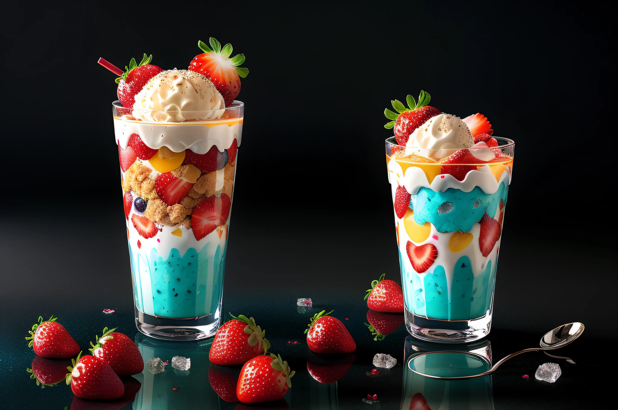 (Masterpiece), (intriciate detail), (Photorealistic:1.3), 1 cute Japanese model, Elegant magazine advertising model, Posing with mixed fruit Parfait, A mixture of fruits and ice cream with shaved ice, in Angled crystal glasses, Topped with strawberries and cream, universe, Marine Blue Theme, dramatic lighting, Spoon, pieces of ice, fruits,