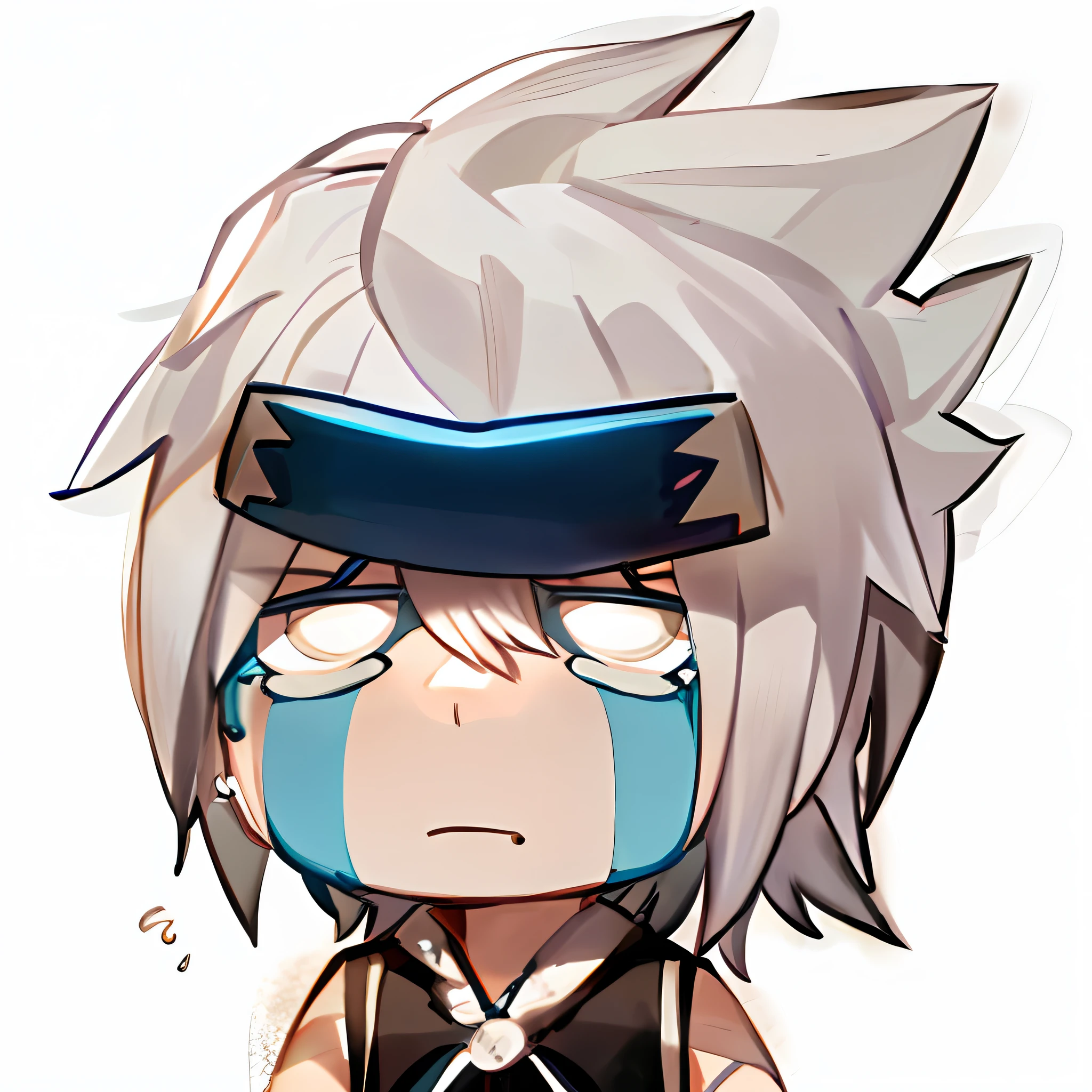 A sad-looking guy with a knife and a cartoon with a blue face, fubuki, nagito komaeda, kakashi hatake, with a sad expression, Sad expression, Otaku Gangasta, he has a devastated expression, crying many tears, Kakashi, sad cerulean eyes, tchibi, he has dark grey hairs, Very sad