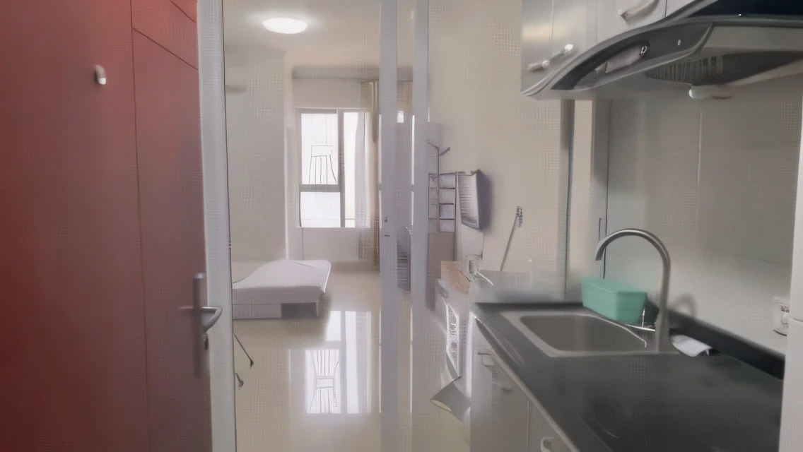 There is a kitchen with sink and bed in the background, apartament, fancy apartment, apartment set in the near future, Beautiful image, apartment of an art student, flat, inside a modern apartment, location in a apartment, Beautiful view, low quality video, filled with natural light, city apartment, realistic lens, （Do not change the size and color of the image part）